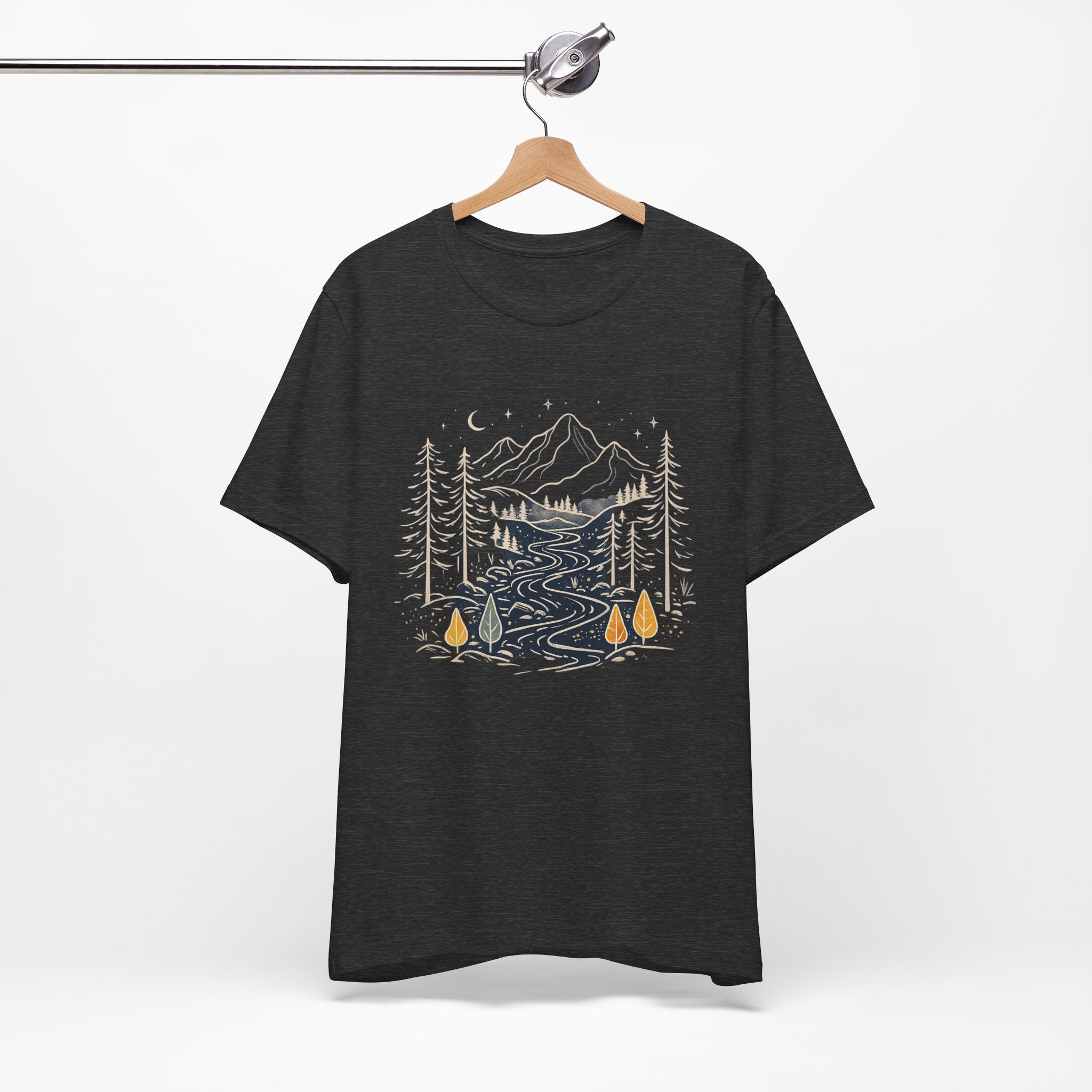 Mountain River Forest Graphic Tee, Nature Landscape Shirt, Boho Outdoor T-Shirt, Camping Hiking Gift, Unisex Black Tee, Wilderness Adventure Top
