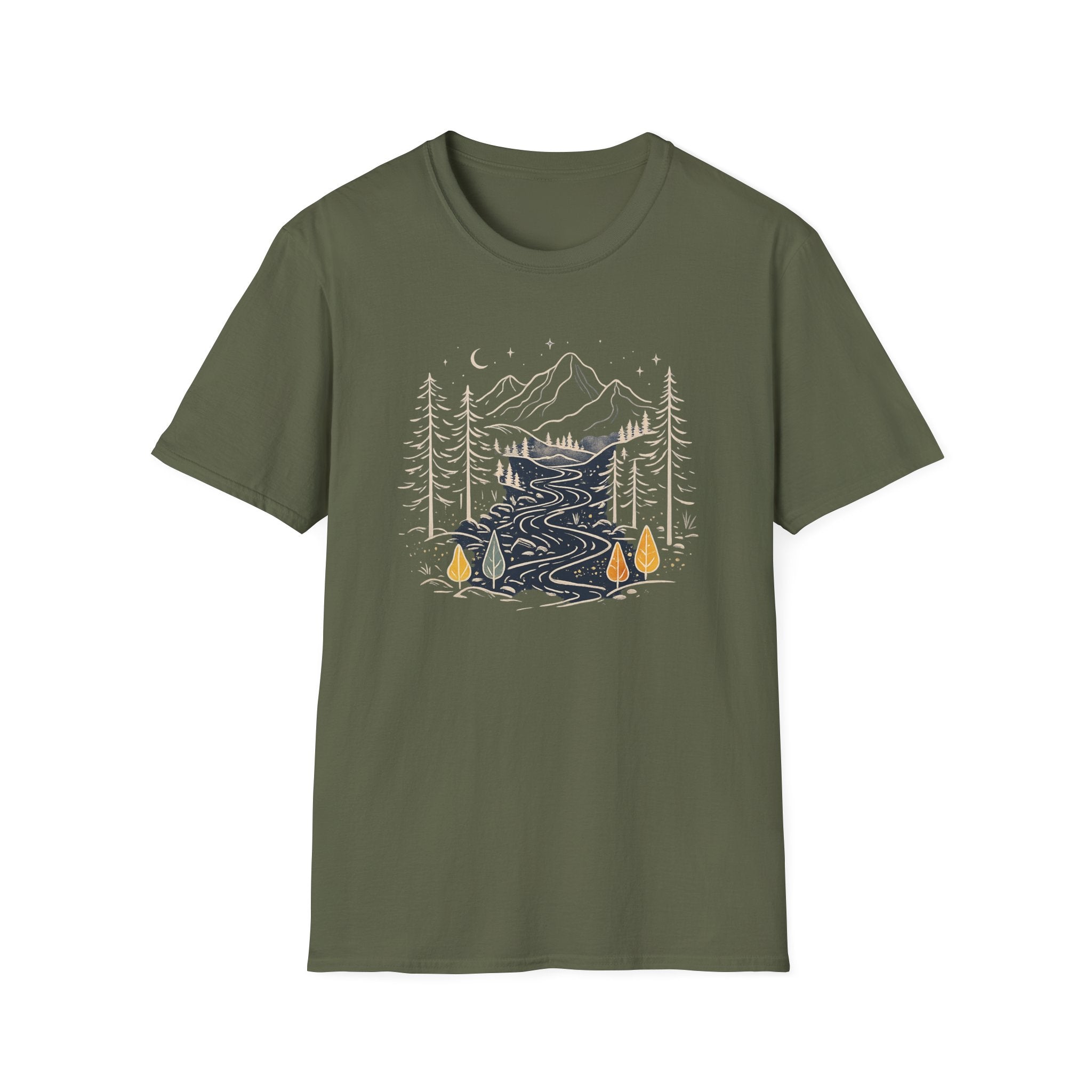 Midnight Mountain River Forest T-Shirt | Vintage Nature Adventure Graphic Tee | Minimalist Camping Hiking Shirt