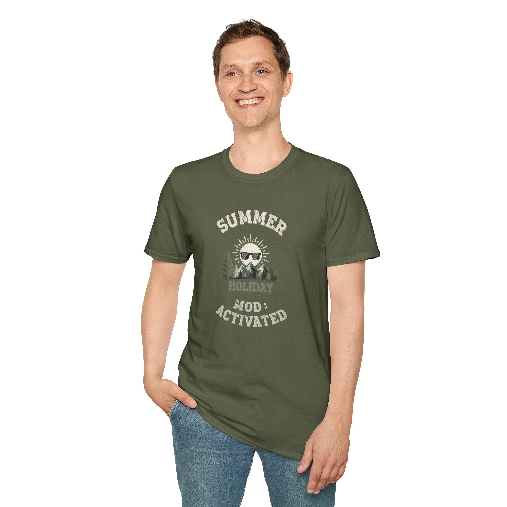 Summer Holiday Mode Activated T-Shirt | Retro Mountain Sun Graphic Tee | Camping Hiking Vacation Shirt for Men Women | Outdoor Adventure Top