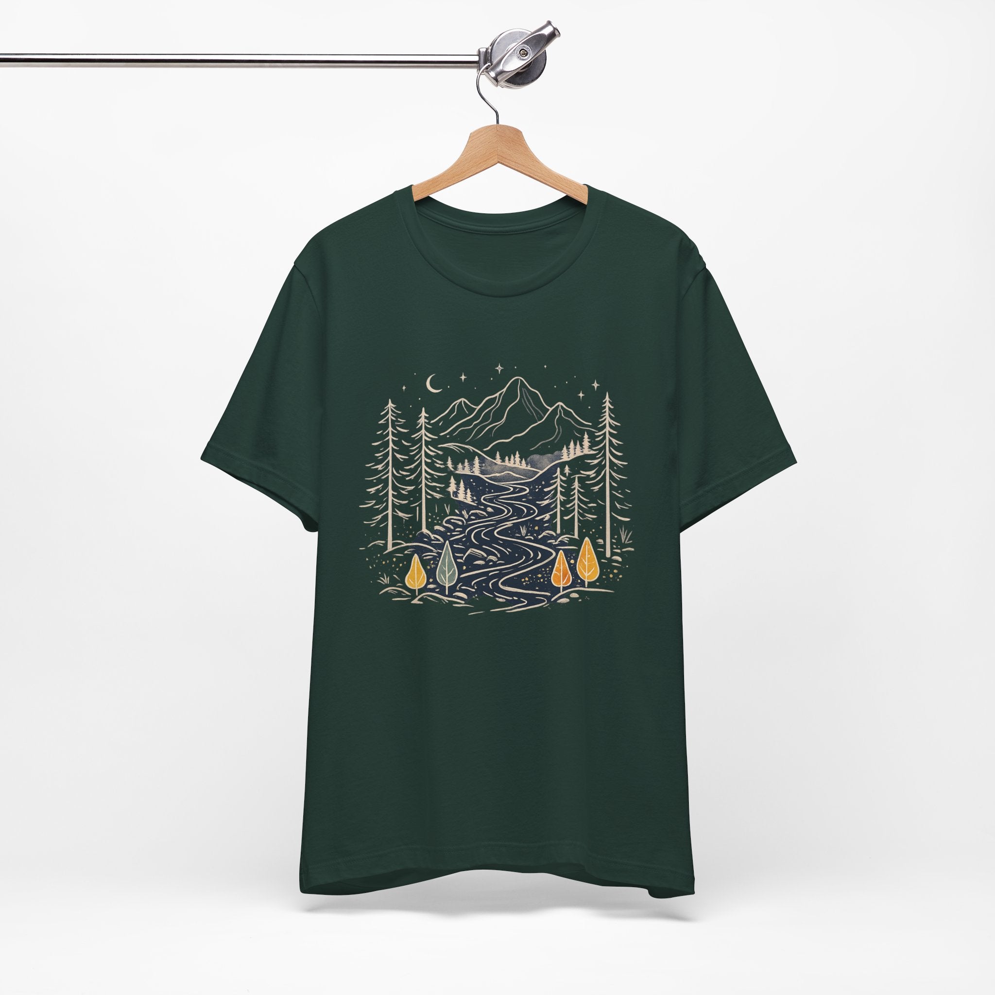 Mountain River Forest Graphic Tee, Nature Landscape Shirt, Boho Outdoor T-Shirt, Camping Hiking Gift, Unisex Black Tee, Wilderness Adventure Top