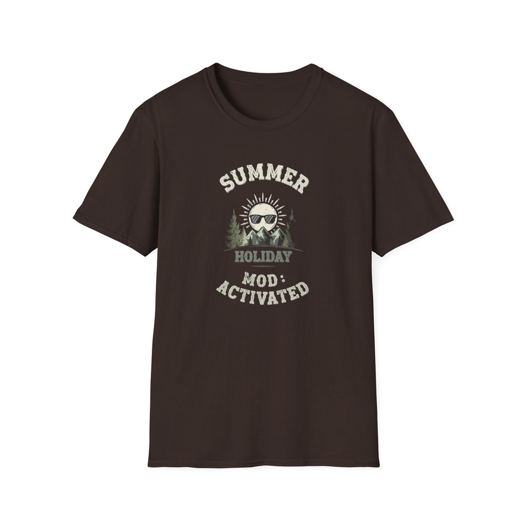 Summer Holiday Mode Activated T-Shirt | Retro Mountain Sun Graphic Tee | Camping Hiking Vacation Shirt for Men Women | Outdoor Adventure Top