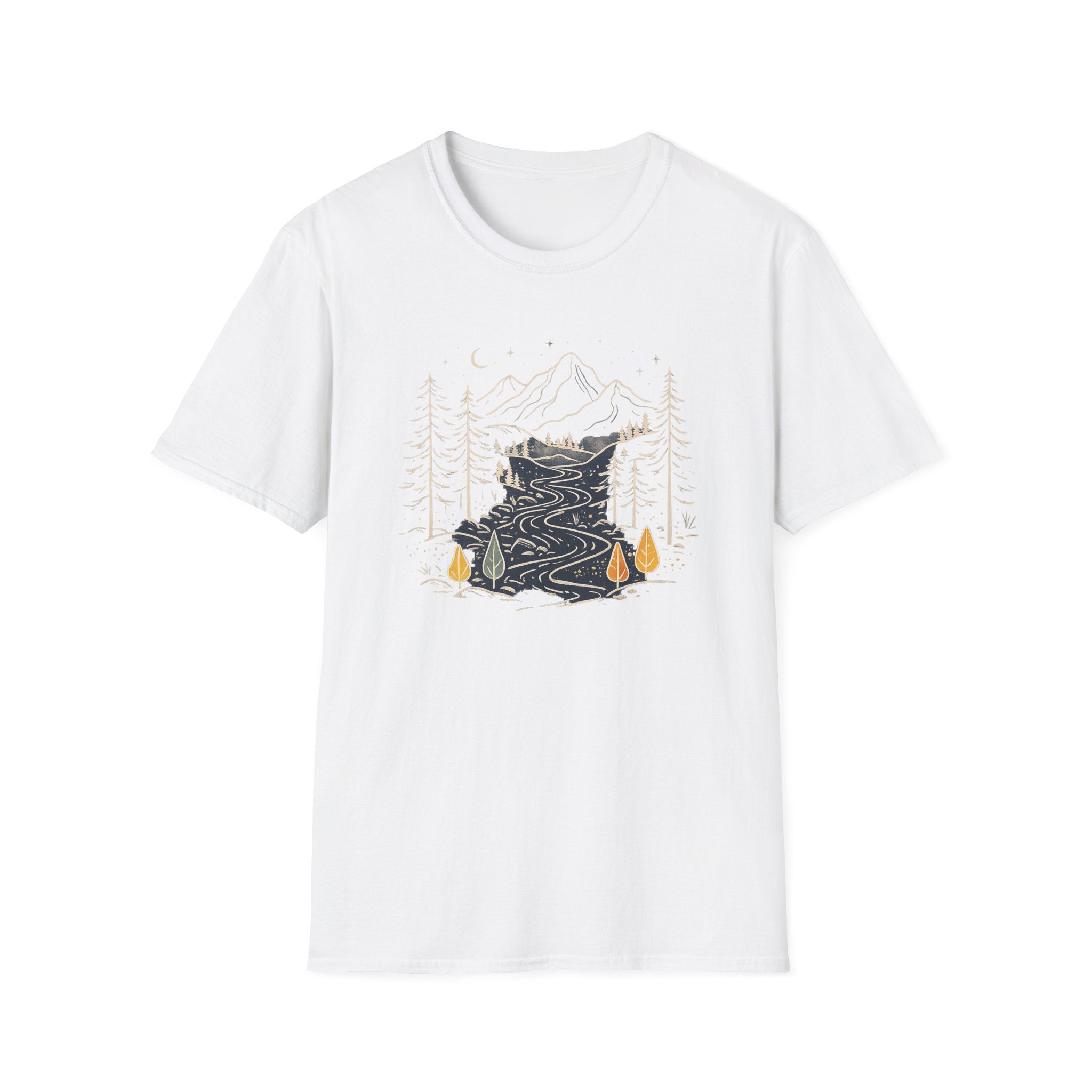 Midnight Mountain River Forest T-Shirt | Vintage Nature Adventure Graphic Tee | Minimalist Camping Hiking Shirt