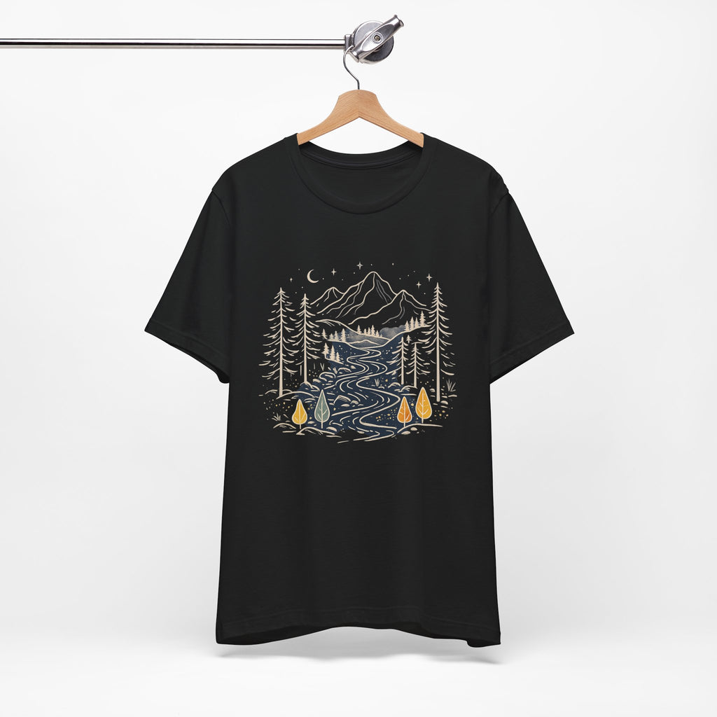 Mountain River Forest Graphic Tee, Nature Landscape Shirt, Boho Outdoor T-Shirt, Camping Hiking Gift, Unisex Black Tee, Wilderness Adventure Top
