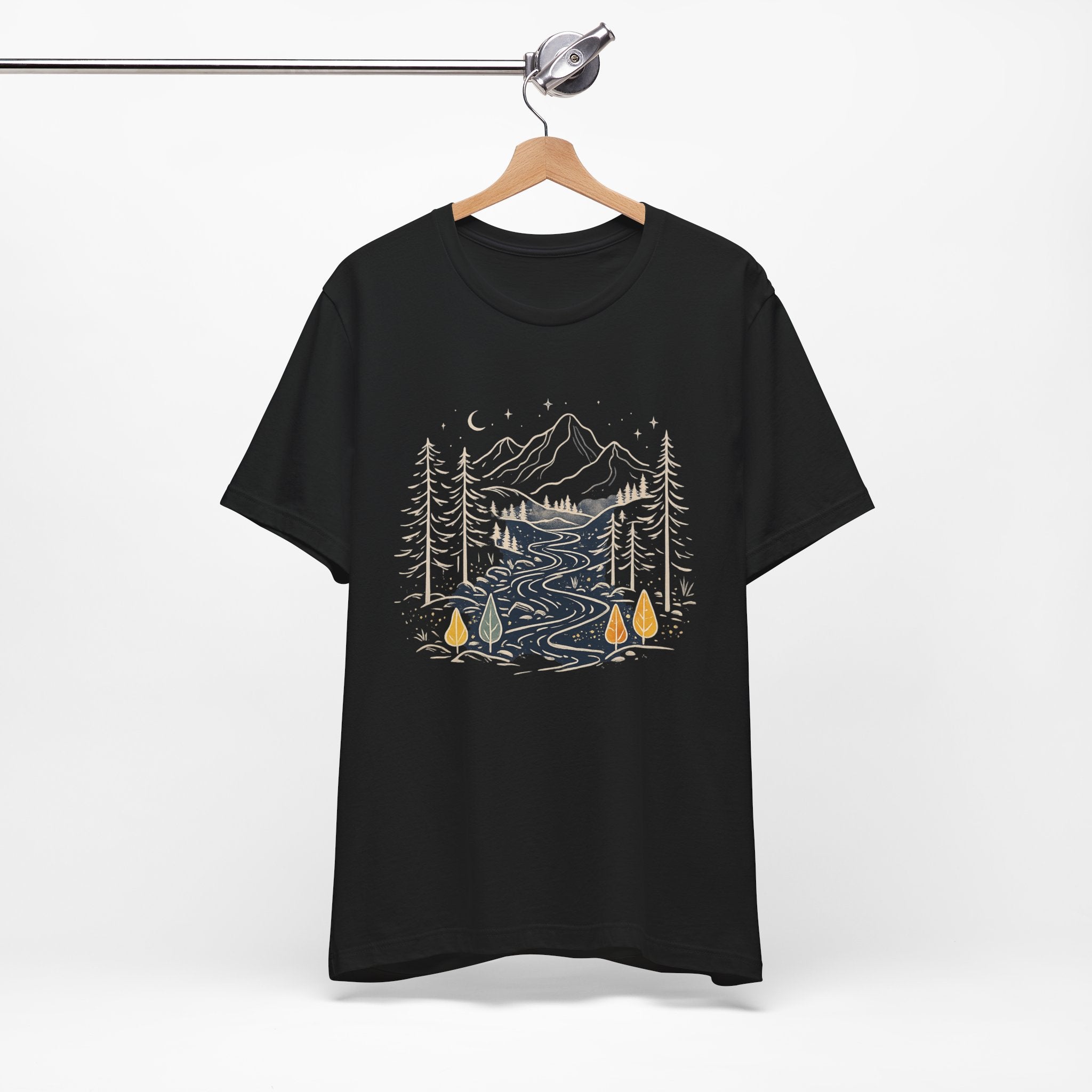Mountain River Forest Graphic Tee, Nature Landscape Shirt, Boho Outdoor T-Shirt, Camping Hiking Gift, Unisex Black Tee, Wilderness Adventure Top