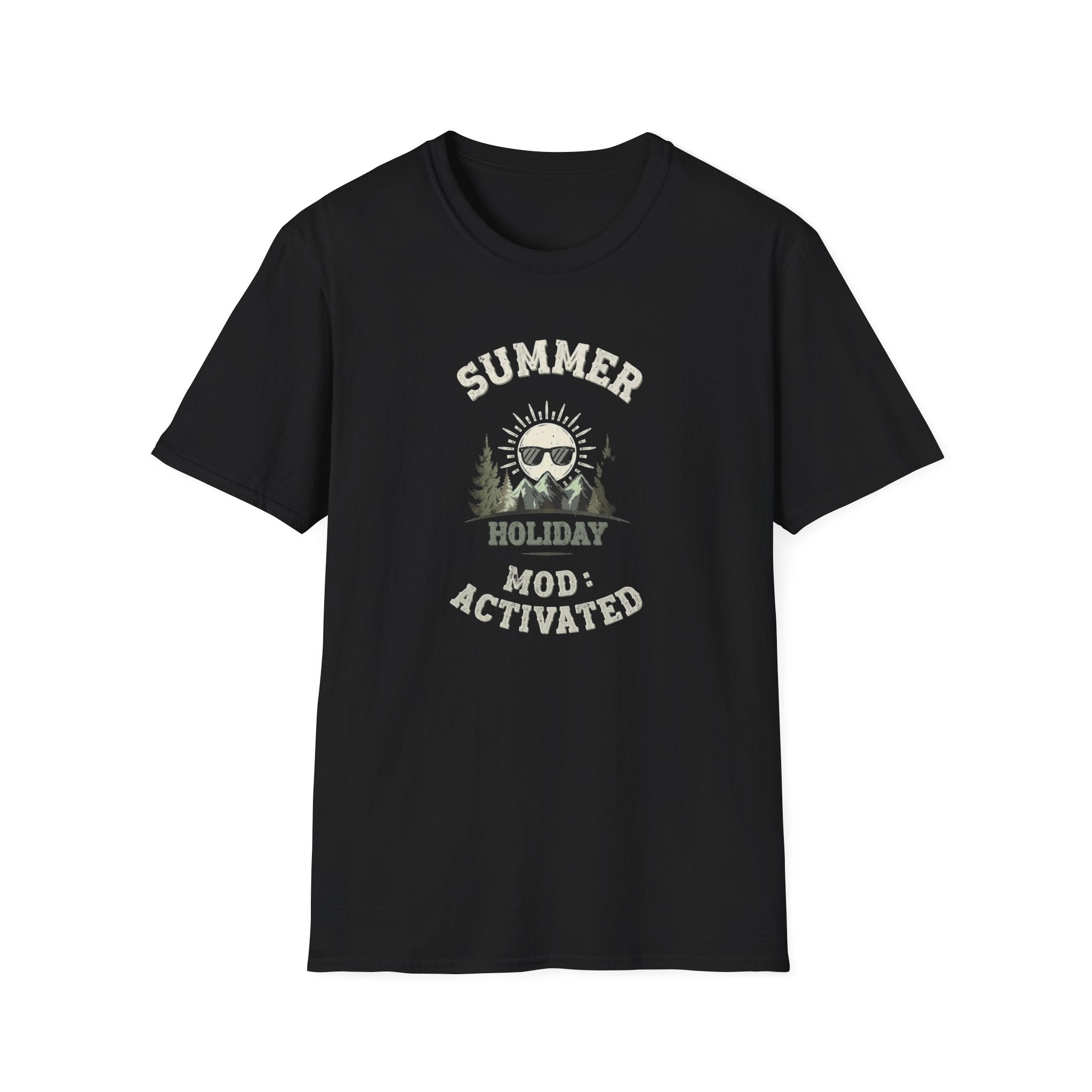 Summer Holiday Mode Activated T-Shirt | Retro Mountain Sun Graphic Tee | Camping Hiking Vacation Shirt for Men Women | Outdoor Adventure Top