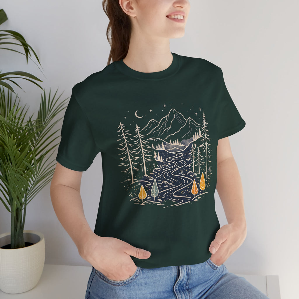 Mountain River Forest Graphic Tee, Nature Landscape Shirt, Boho Outdoor T-Shirt, Camping Hiking Gift, Unisex Black Tee, Wilderness Adventure Top