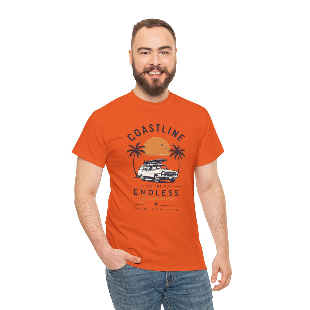 Coastline Endless Summer T-Shirt, Beach Vacation Graphic Tee, Retro Surf Van Shirt, Coastal Sunset Summer Top, Unisex Beach Lover Gift