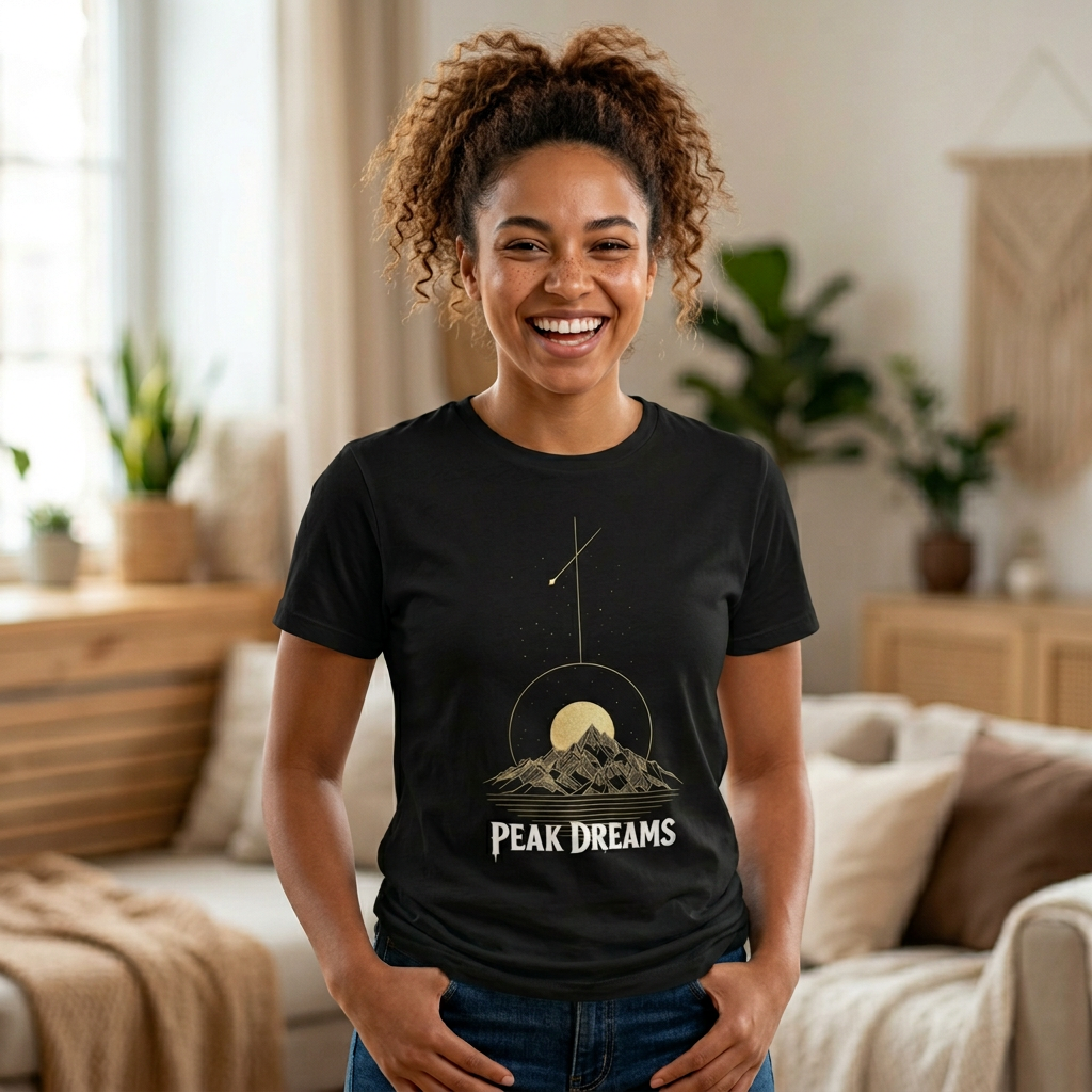 "Peak Dreams Mountain T-Shirt | Celestial Gothic Tee | Astronomy Night Sky Shirt | Adventure Hiking Gift | Boho Mystical Apparel | Vintage Gold Mountain Graphic