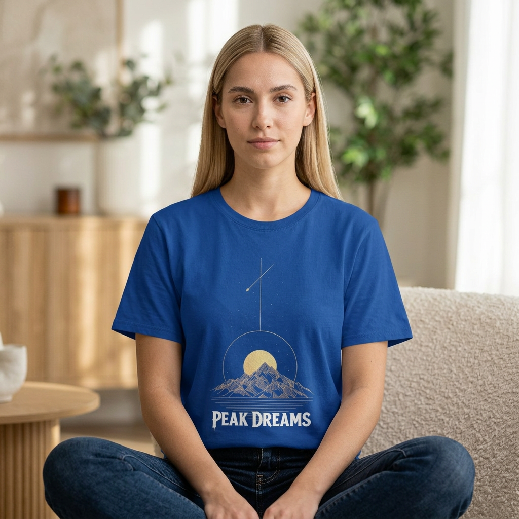 "Peak Dreams Mountain T-Shirt | Celestial Gothic Tee | Astronomy Night Sky Shirt | Adventure Hiking Gift | Boho Mystical Apparel | Vintage Gold Mountain Graphic