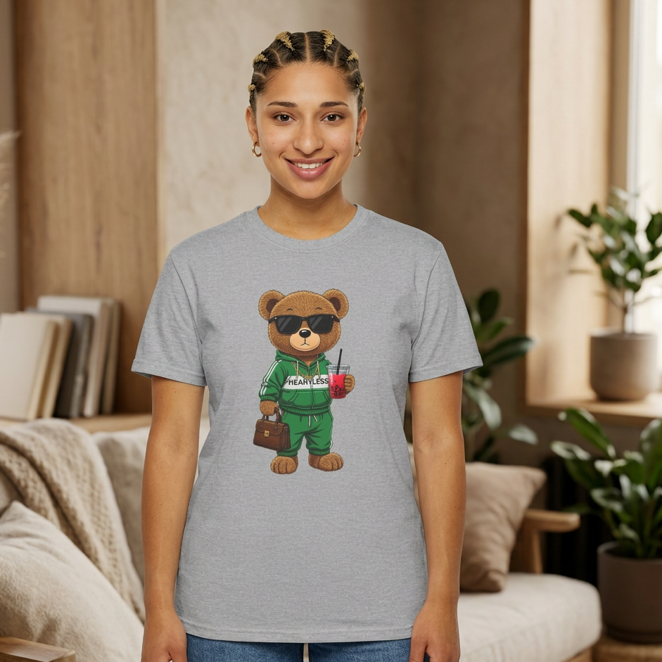 Cute Bear Graphic T-Shirt, Trendy Teddy Bear Shirt, Funny Bear With Boba Tee, Streetwear Animal Tee, Kawaii Bear Gift, Unisex Black Shirt