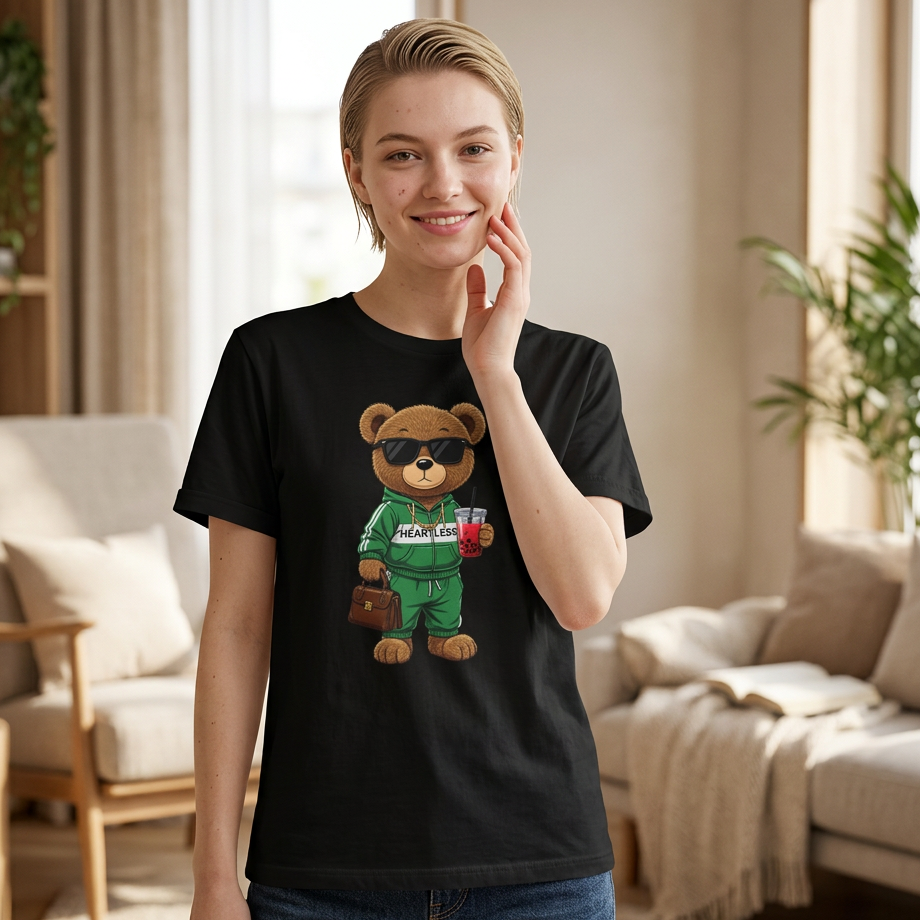 Cute Bear Graphic T-Shirt, Trendy Teddy Bear Shirt, Funny Bear With Boba Tee, Streetwear Animal Tee, Kawaii Bear Gift, Unisex Black Shirt