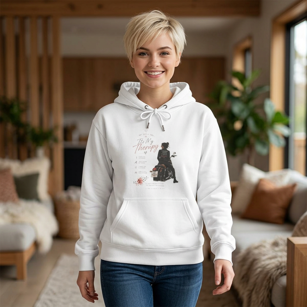 Women's Motorcycle Hoodie, Riding Is My Therapy Sweatshirt, Biker Girl Graphic Pullover, Gift for Female Rider, Cozy Moto Hoodie