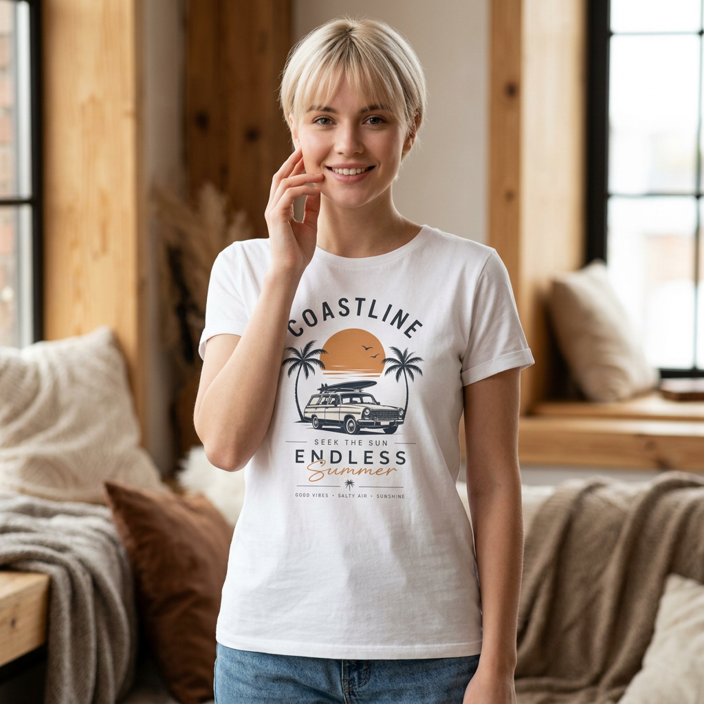 Coastline Endless Summer T-Shirt, Beach Vacation Graphic Tee, Retro Surf Van Shirt, Coastal Sunset Summer Top, Unisex Beach Lover Gift