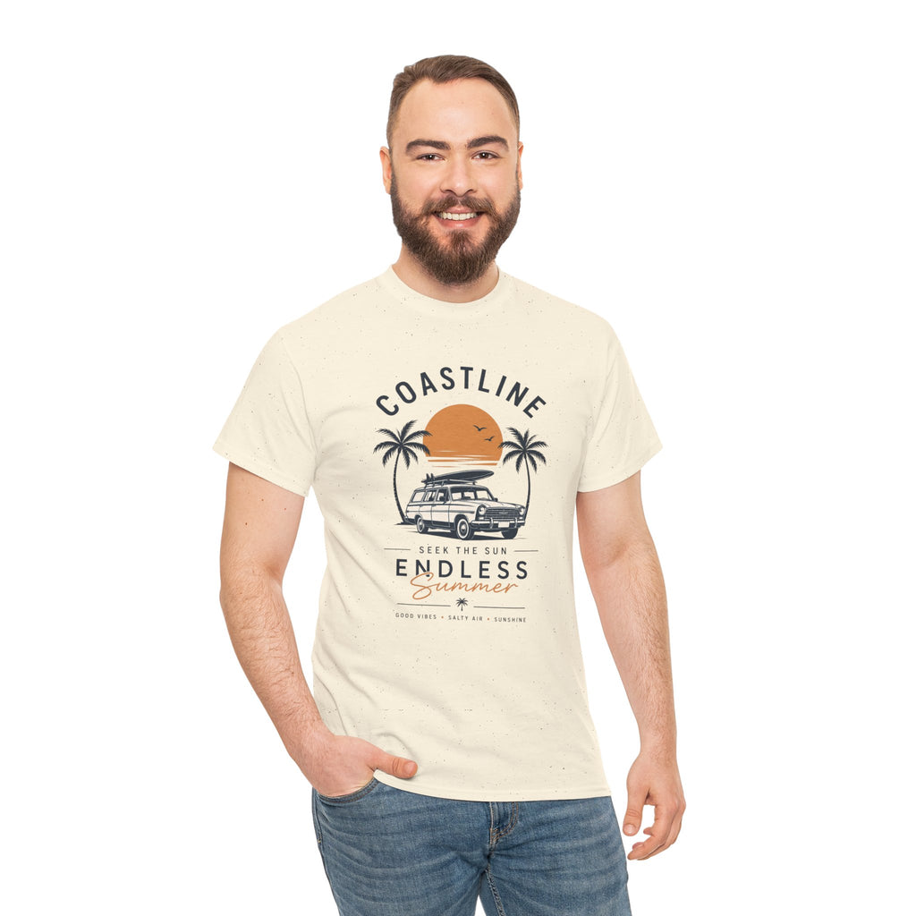 Coastline Endless Summer T-Shirt, Beach Vacation Graphic Tee, Retro Surf Van Shirt, Coastal Sunset Summer Top, Unisex Beach Lover Gift