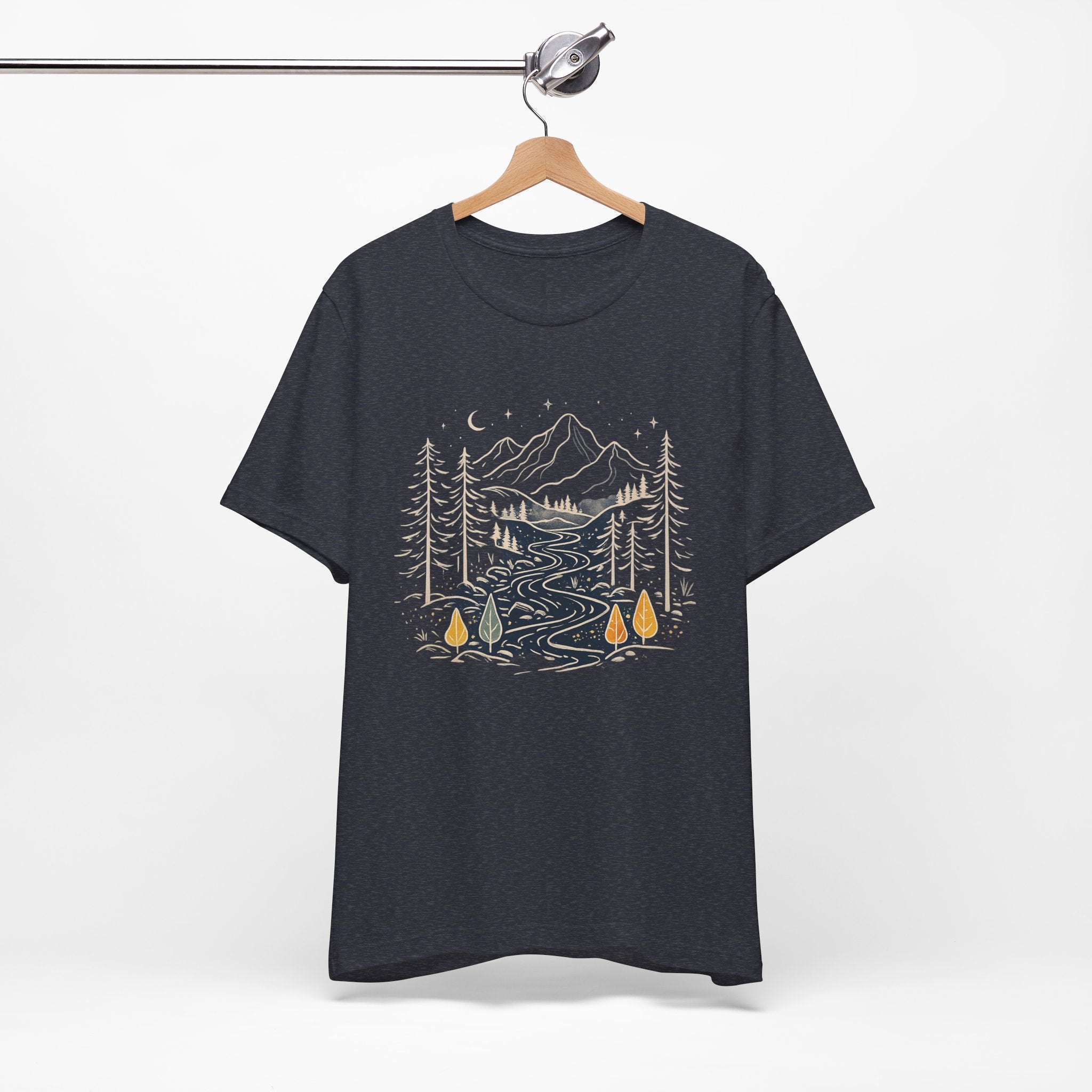 Mountain River Forest Graphic Tee, Nature Landscape Shirt, Boho Outdoor T-Shirt, Camping Hiking Gift, Unisex Black Tee, Wilderness Adventure Top