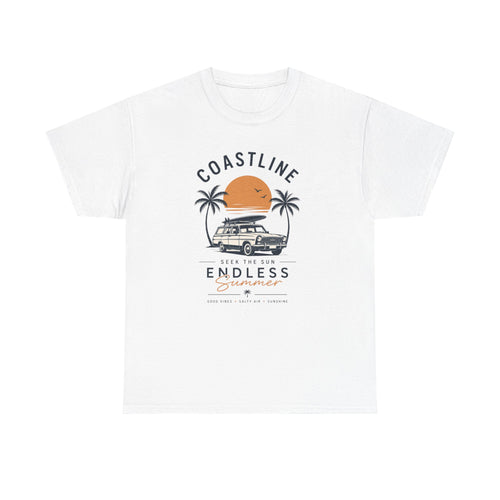 Coastline Endless Summer T-Shirt, Beach Vacation Graphic Tee, Retro Surf Van Shirt, Coastal Sunset Summer Top, Unisex Beach Lover Gift