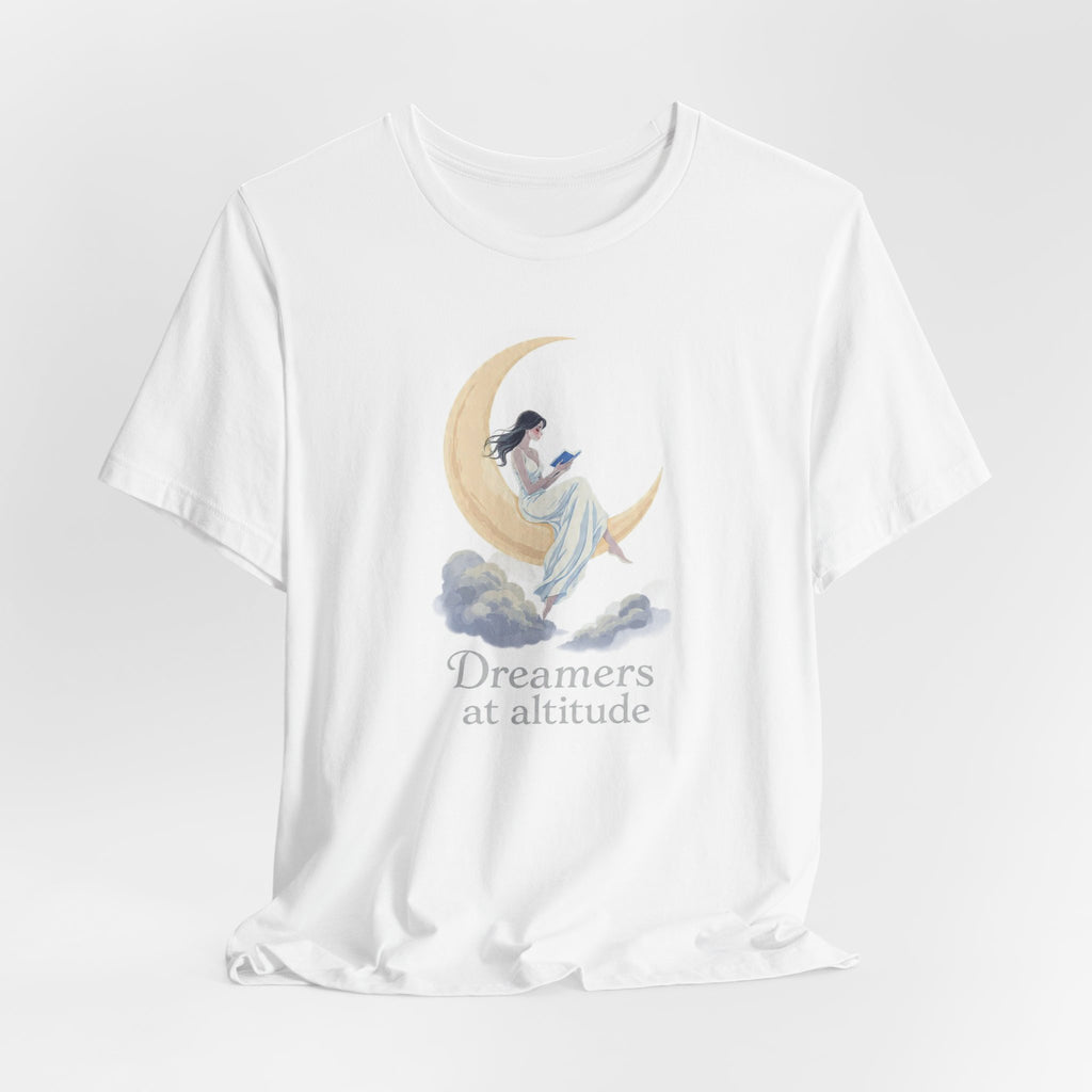 Copy of Dreamers at Altitude Celestial Moon Reading T-Shirt | Mystical Bookish Tee | Gift for Readers | Unisex Jersey Short Sleeve