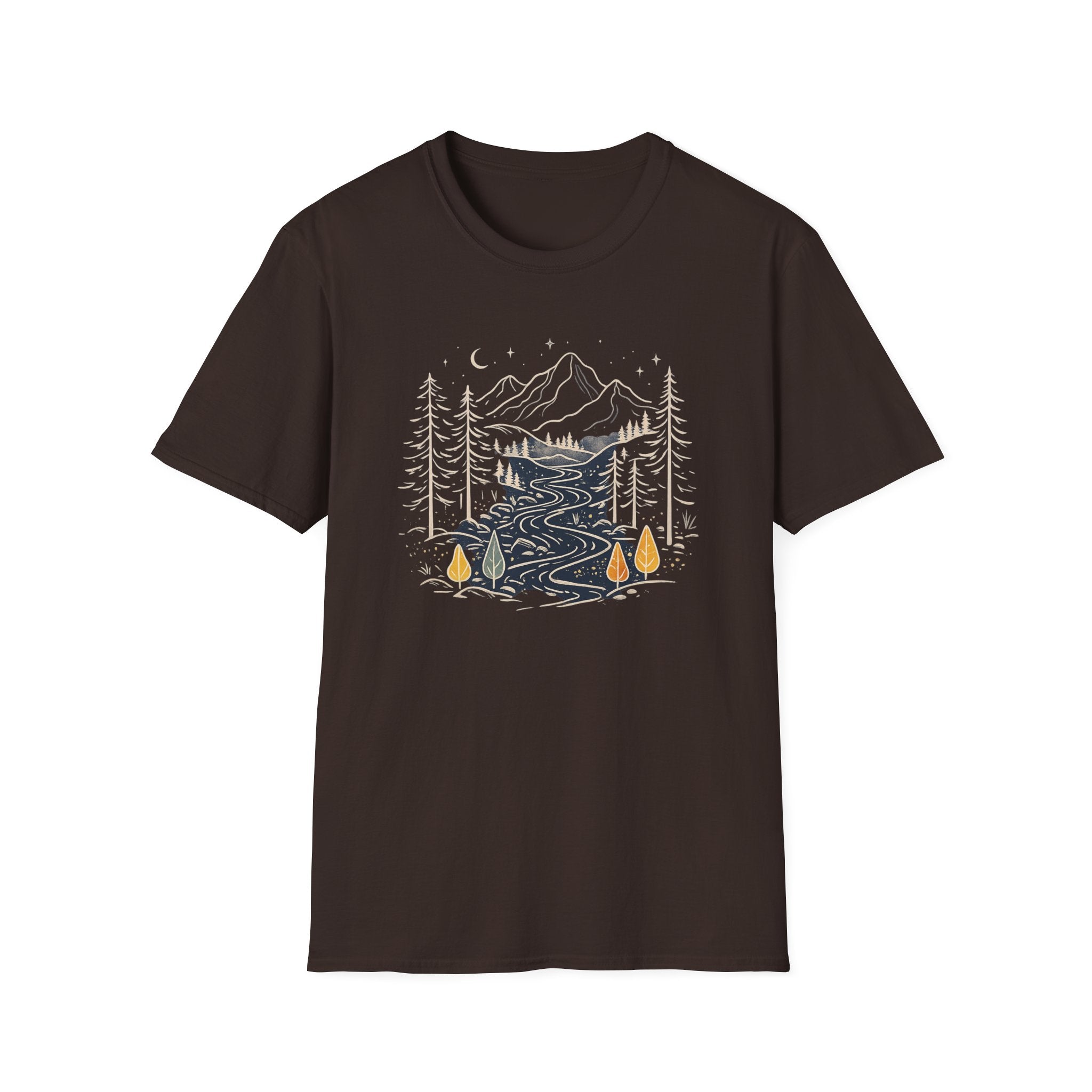 Midnight Mountain River Forest T-Shirt | Vintage Nature Adventure Graphic Tee | Minimalist Camping Hiking Shirt