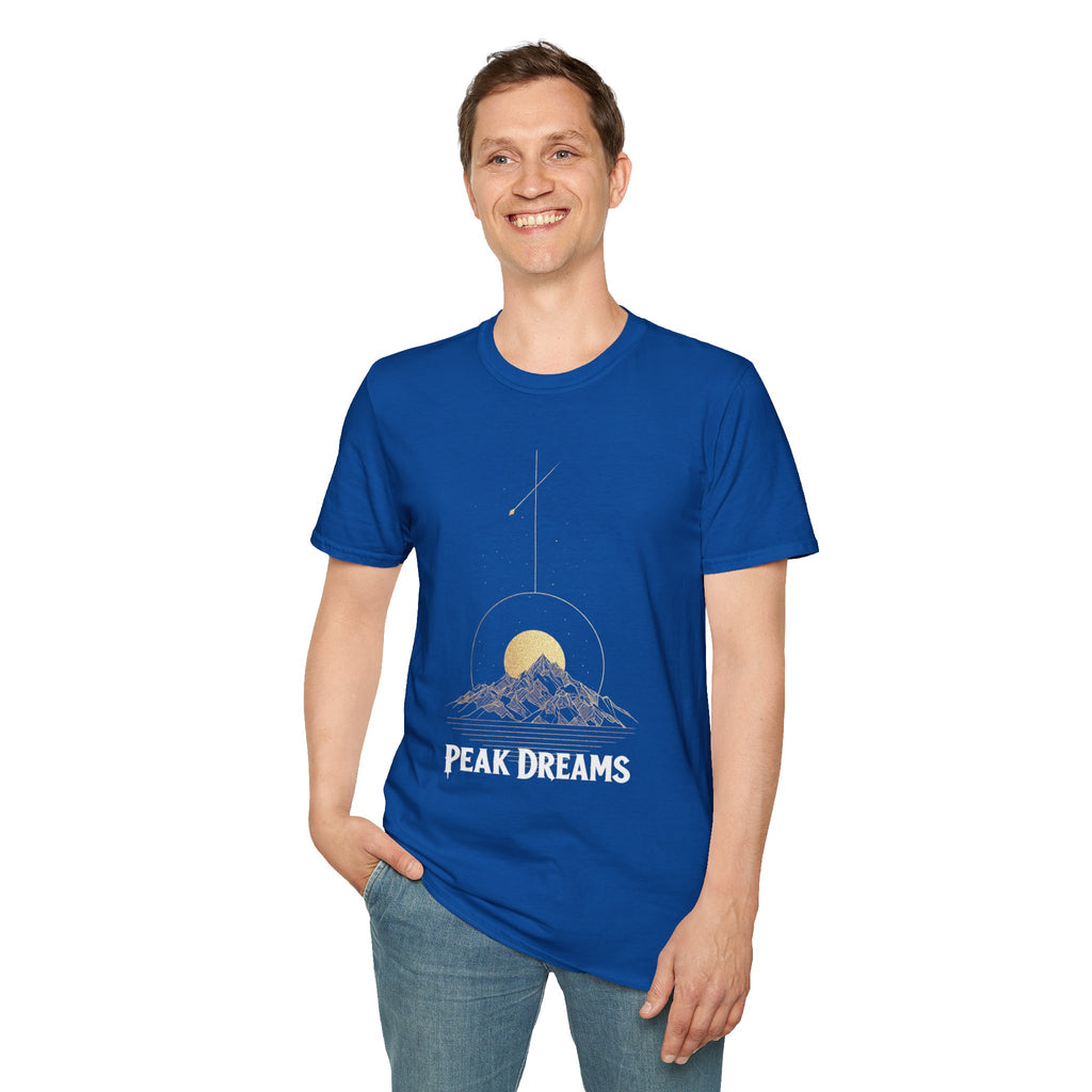 "Peak Dreams Mountain T-Shirt | Celestial Gothic Tee | Astronomy Night Sky Shirt | Adventure Hiking Gift | Boho Mystical Apparel | Vintage Gold Mountain Graphic