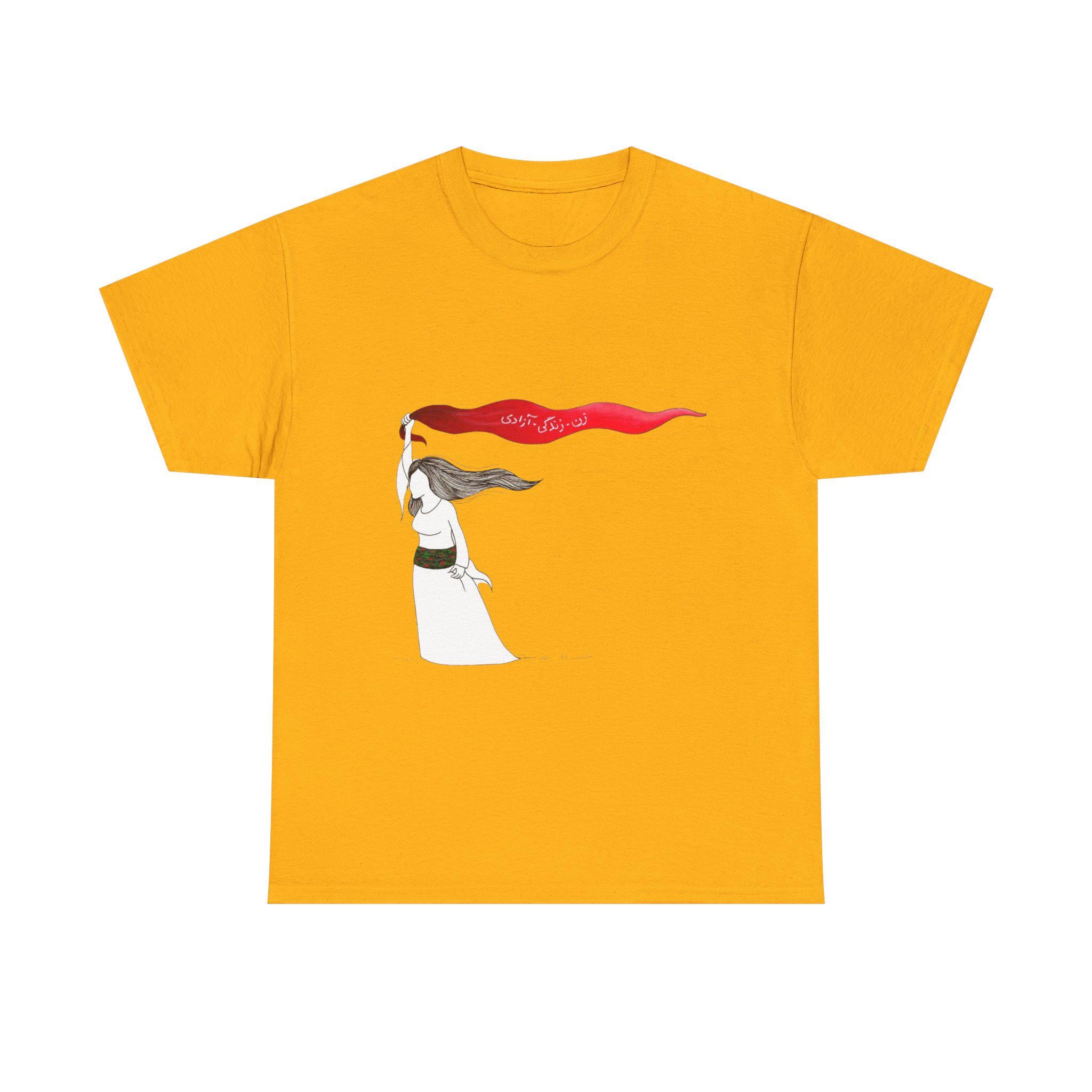 Woman Red Scarf Art T-Shirt | Windswept Figure, Flowing Ribbon Graphic Tee