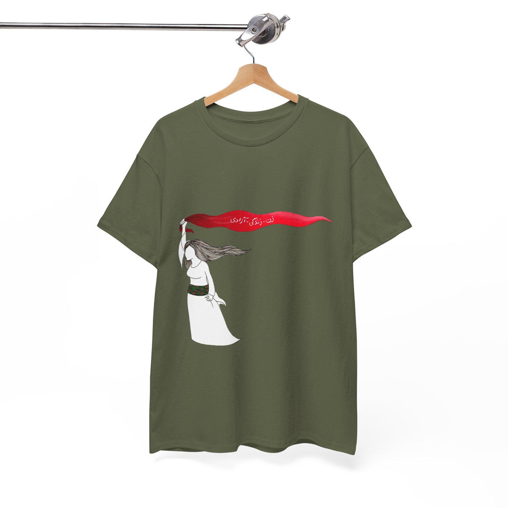 Woman Red Scarf Art T-Shirt | Windswept Figure, Flowing Ribbon Graphic Tee