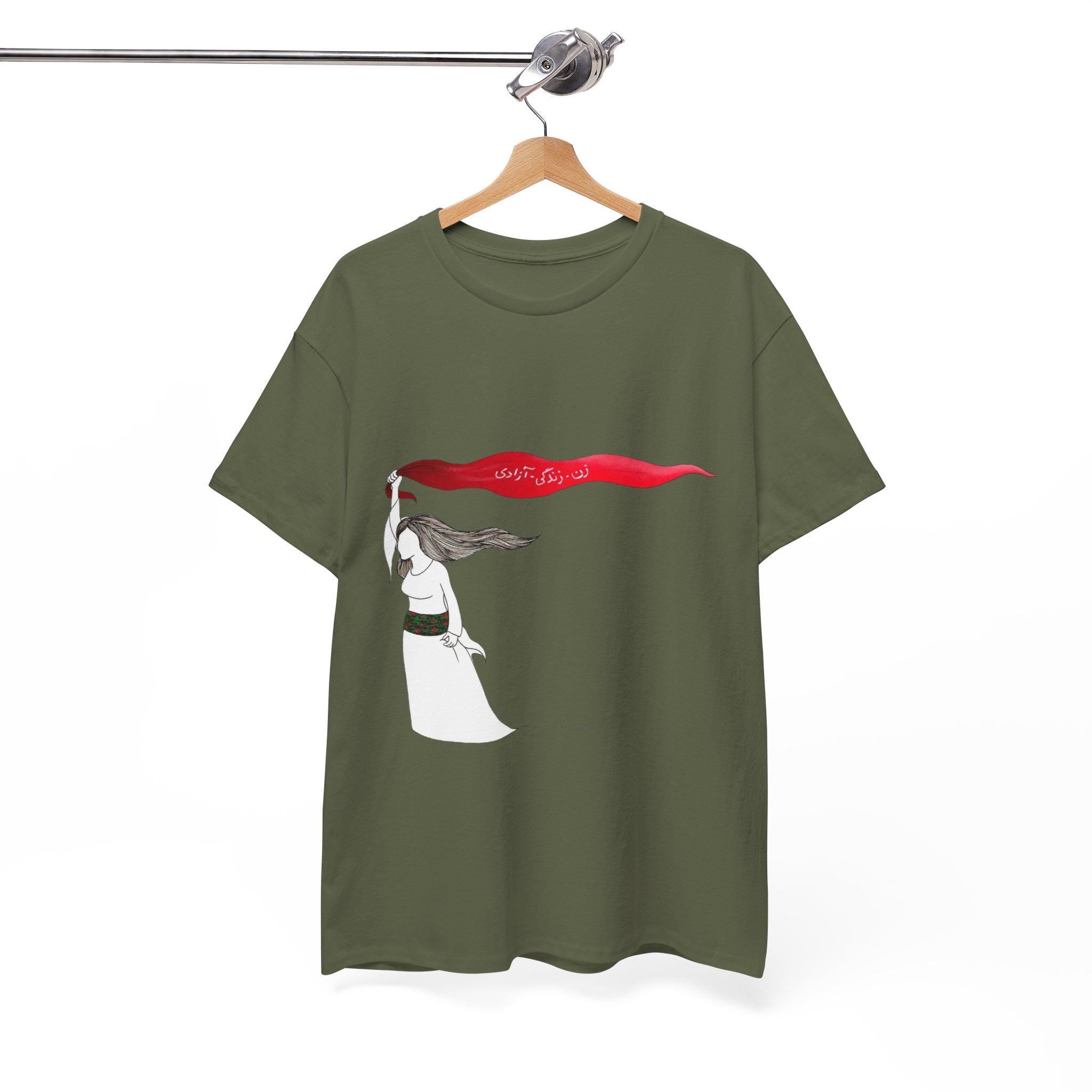 Woman Red Scarf Art T-Shirt | Windswept Figure, Flowing Ribbon Graphic Tee