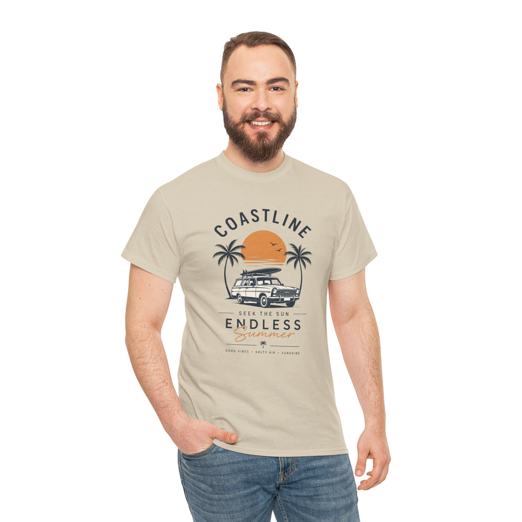 Coastline Endless Summer T-Shirt, Beach Vacation Graphic Tee, Retro Surf Van Shirt, Coastal Sunset Summer Top, Unisex Beach Lover Gift