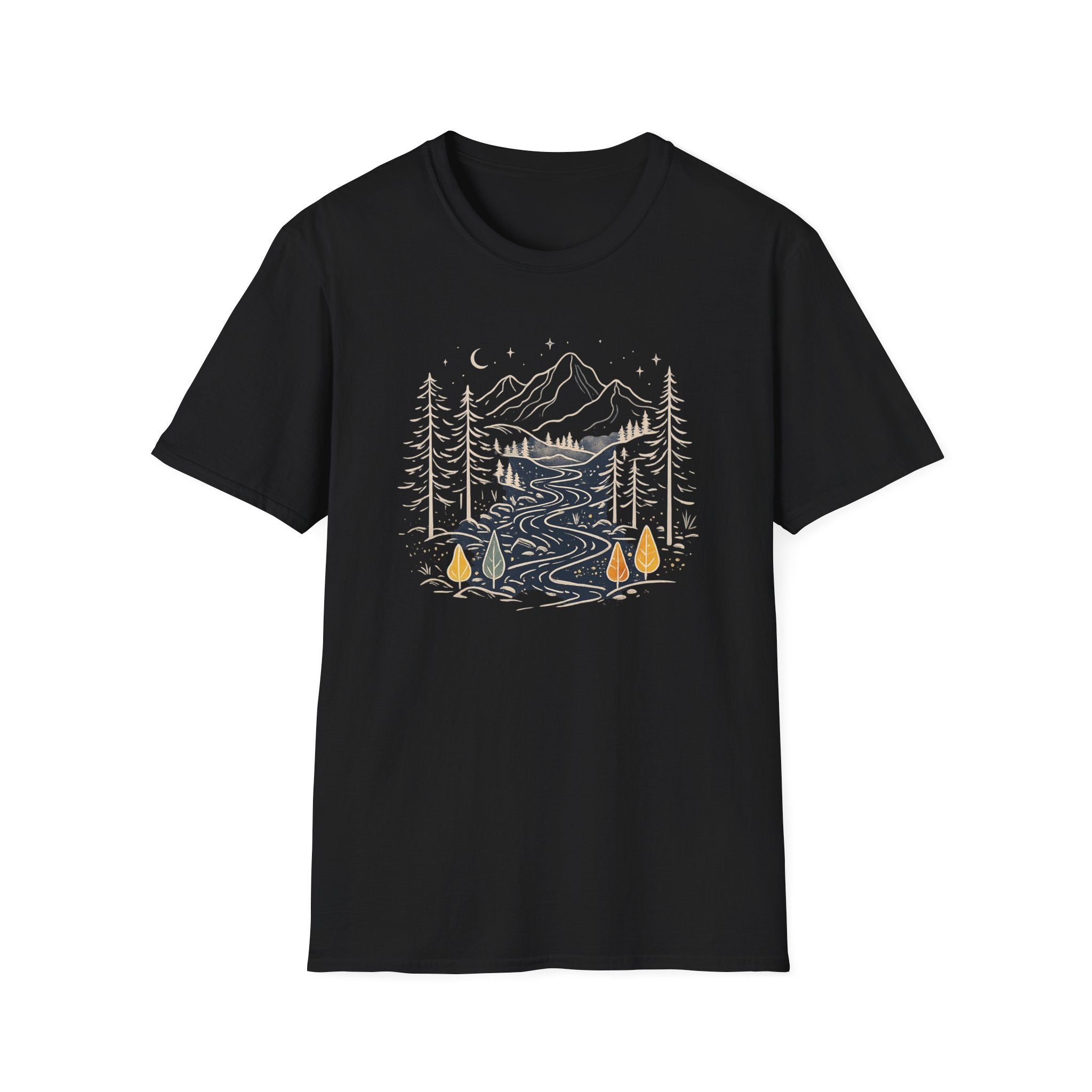 Midnight Mountain River Forest T-Shirt | Vintage Nature Adventure Graphic Tee | Minimalist Camping Hiking Shirt