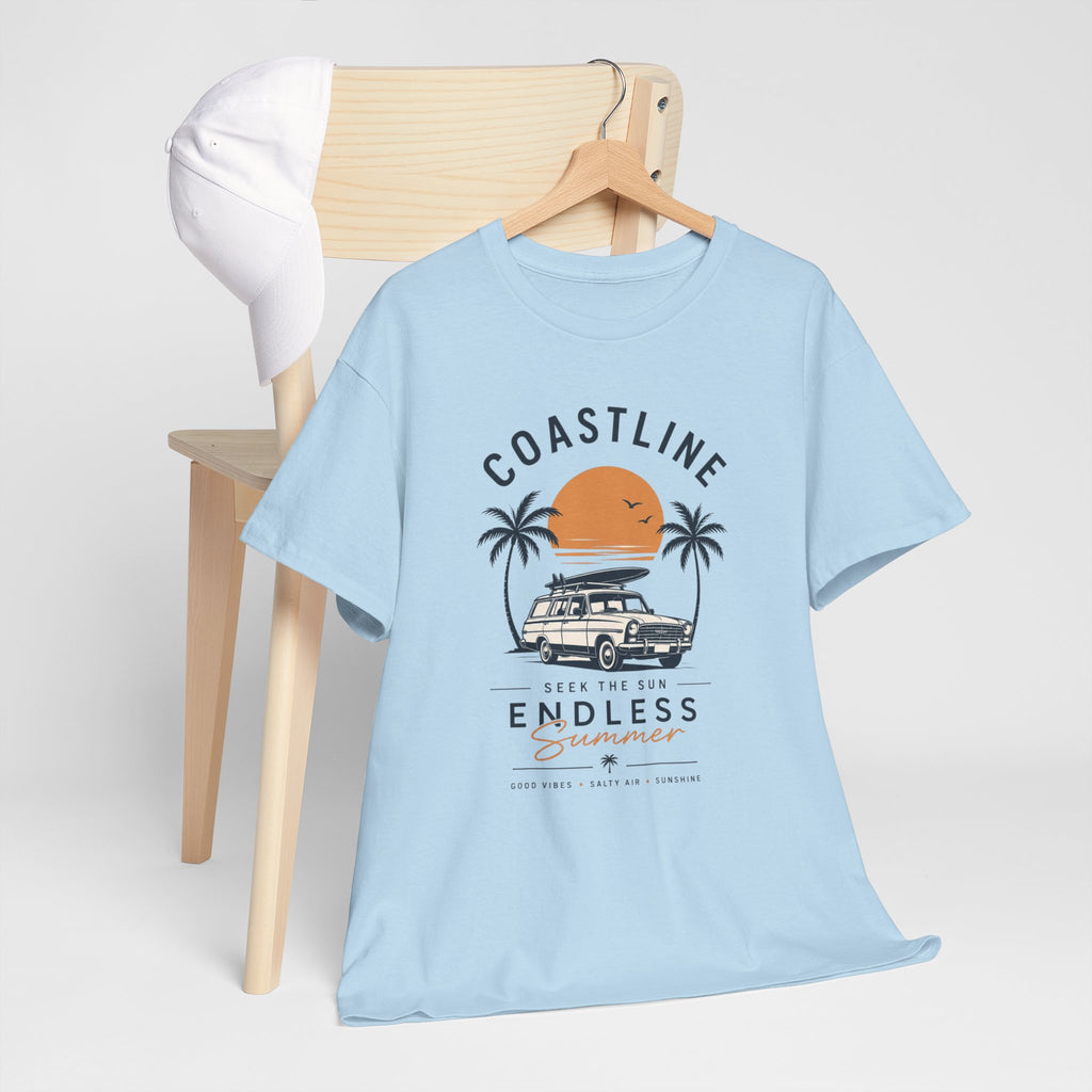 Coastline Endless Summer T-Shirt, Beach Vacation Graphic Tee, Retro Surf Van Shirt, Coastal Sunset Summer Top, Unisex Beach Lover Gift
