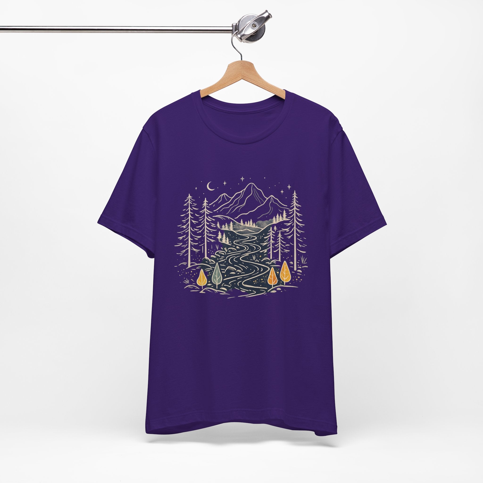 Mountain River Forest Graphic Tee, Nature Landscape Shirt, Boho Outdoor T-Shirt, Camping Hiking Gift, Unisex Black Tee, Wilderness Adventure Top