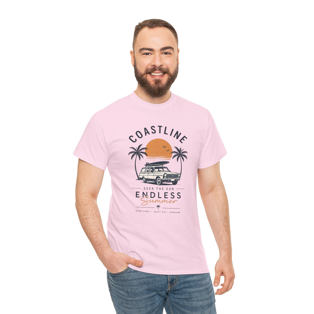 Coastline Endless Summer T-Shirt, Beach Vacation Graphic Tee, Retro Surf Van Shirt, Coastal Sunset Summer Top, Unisex Beach Lover Gift