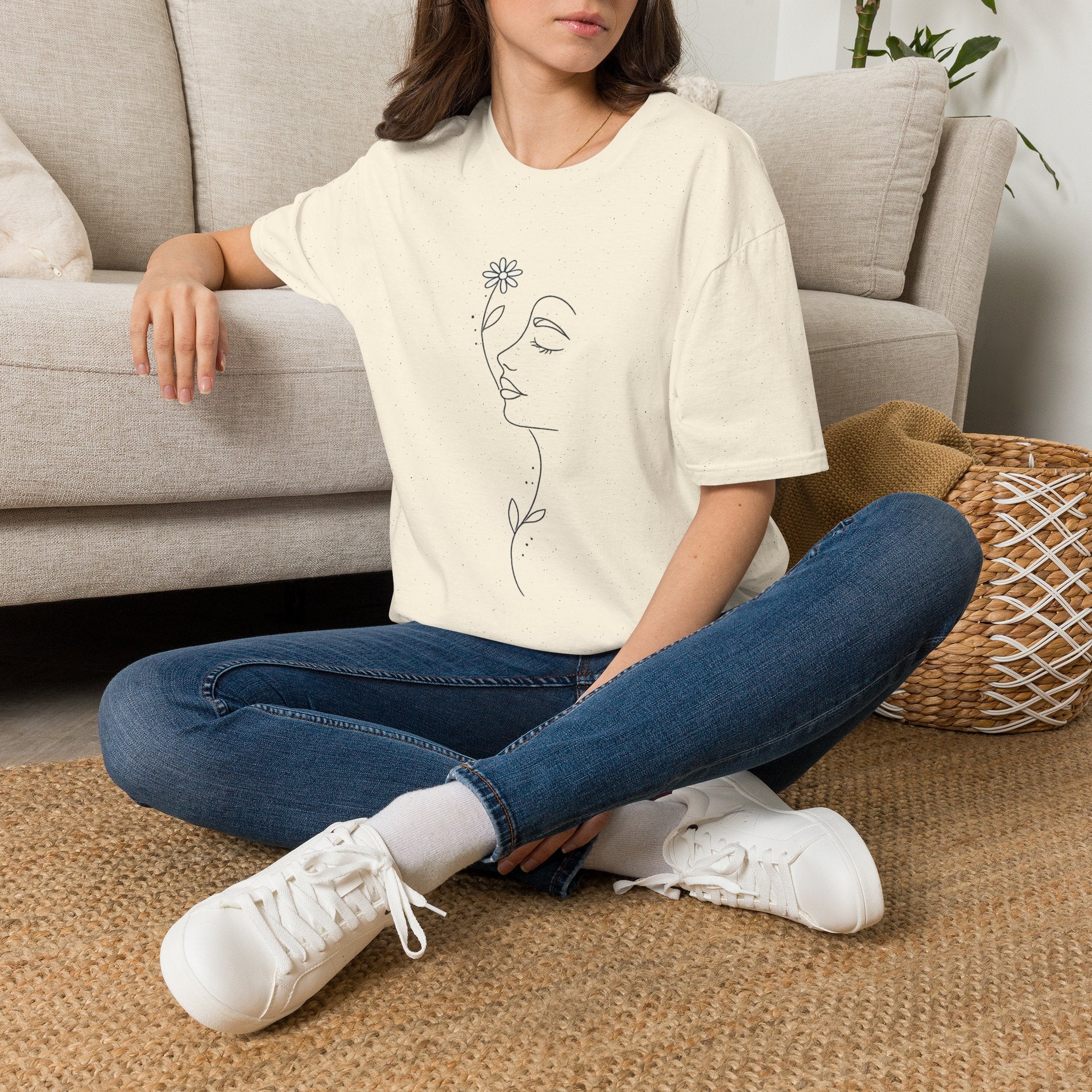 Minimalist Floral Woman Face T-Shirt | Abstract Line Art Graphic Tee | Boho Aesthetic Shirt