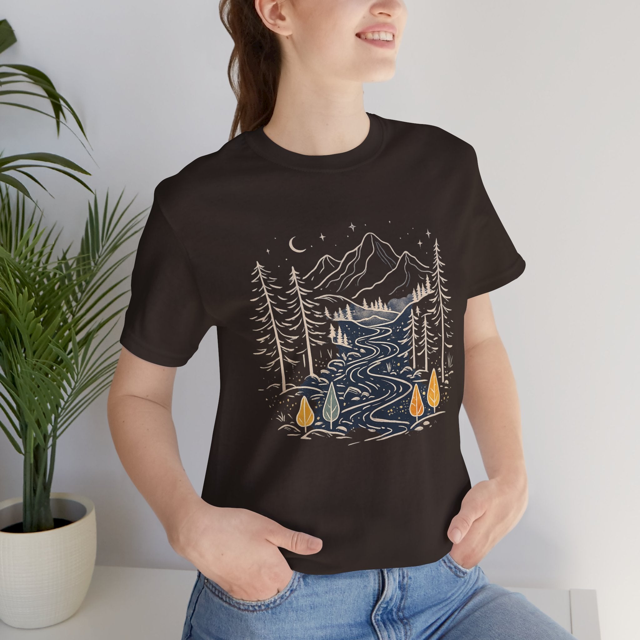 Mountain River Forest Graphic Tee, Nature Landscape Shirt, Boho Outdoor T-Shirt, Camping Hiking Gift, Unisex Black Tee, Wilderness Adventure Top