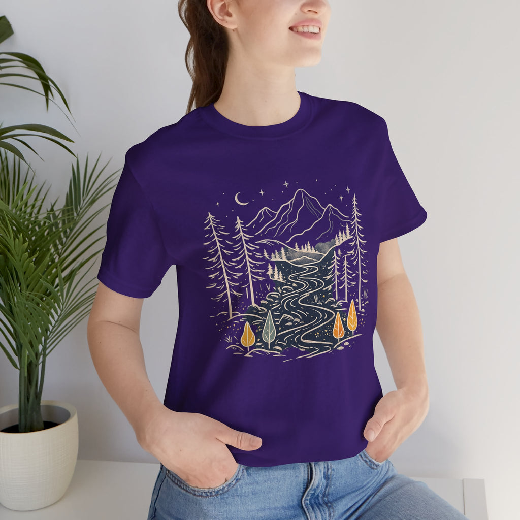 Mountain River Forest Graphic Tee, Nature Landscape Shirt, Boho Outdoor T-Shirt, Camping Hiking Gift, Unisex Black Tee, Wilderness Adventure Top