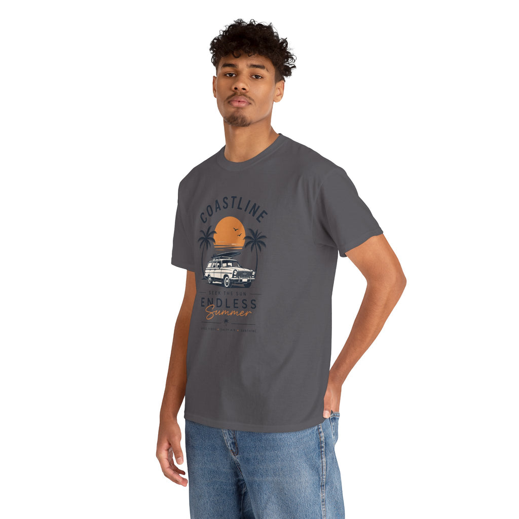 Coastline Endless Summer T-Shirt, Beach Vacation Graphic Tee, Retro Surf Van Shirt, Coastal Sunset Summer Top, Unisex Beach Lover Gift