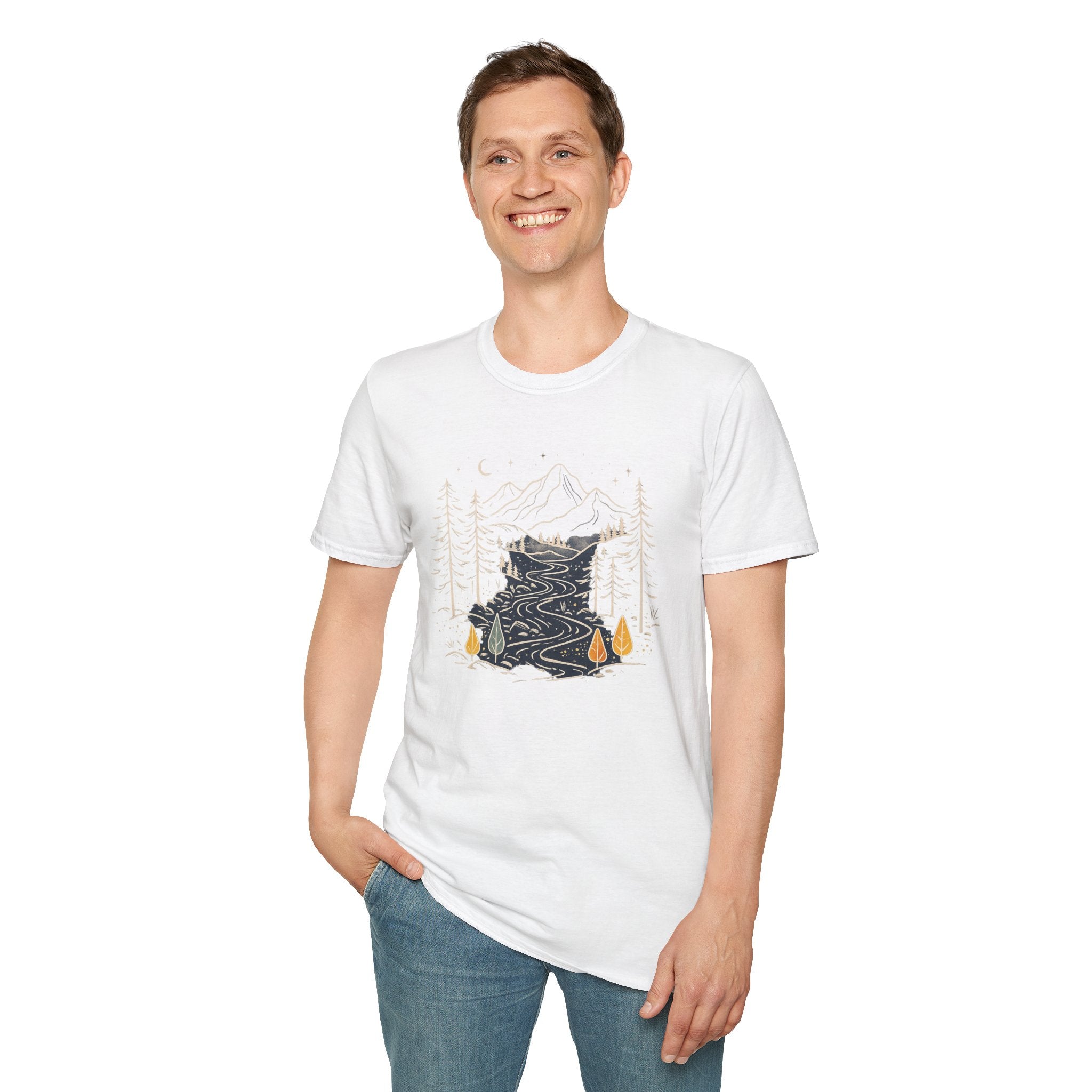 Midnight Mountain River Forest T-Shirt | Vintage Nature Adventure Graphic Tee | Minimalist Camping Hiking Shirt