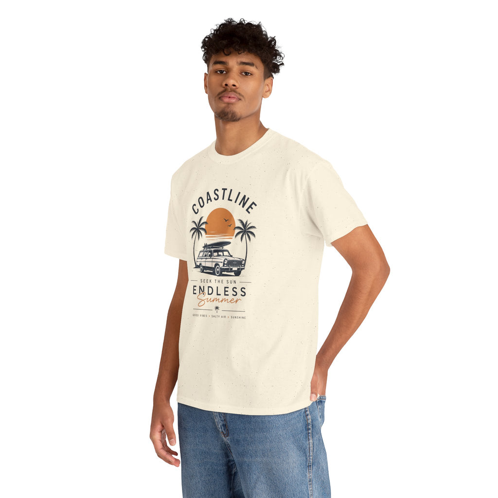 Coastline Endless Summer T-Shirt, Beach Vacation Graphic Tee, Retro Surf Van Shirt, Coastal Sunset Summer Top, Unisex Beach Lover Gift