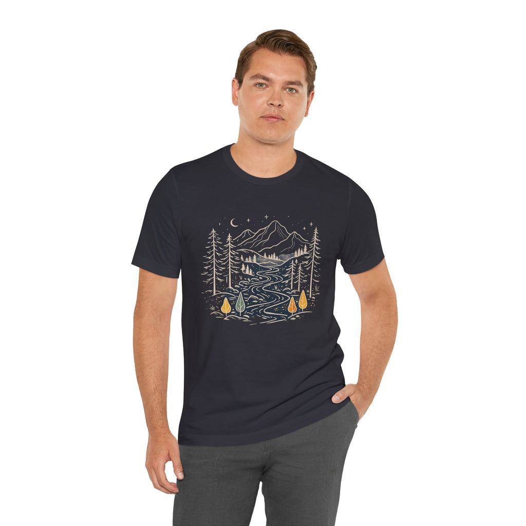 Mountain River Forest Graphic Tee, Nature Landscape Shirt, Boho Outdoor T-Shirt, Camping Hiking Gift, Unisex Black Tee, Wilderness Adventure Top