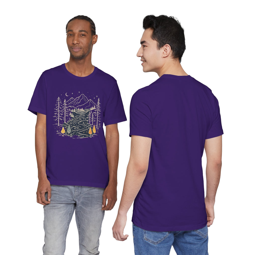 Mountain River Forest Graphic Tee, Nature Landscape Shirt, Boho Outdoor T-Shirt, Camping Hiking Gift, Unisex Black Tee, Wilderness Adventure Top