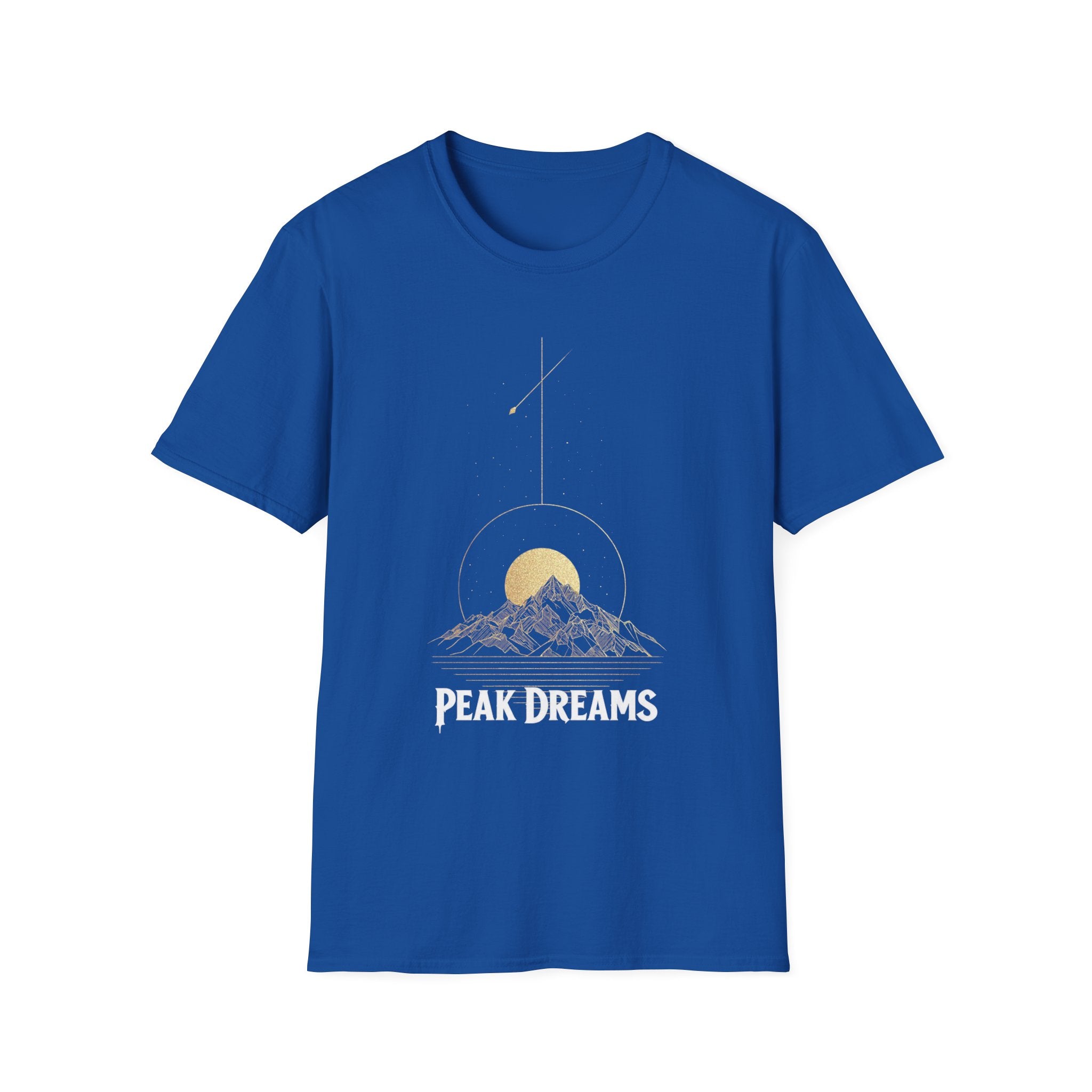 "Peak Dreams Mountain T-Shirt | Celestial Gothic Tee | Astronomy Night Sky Shirt | Adventure Hiking Gift | Boho Mystical Apparel | Vintage Gold Mountain Graphic