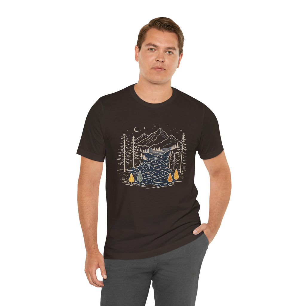 Mountain River Forest Graphic Tee, Nature Landscape Shirt, Boho Outdoor T-Shirt, Camping Hiking Gift, Unisex Black Tee, Wilderness Adventure Top