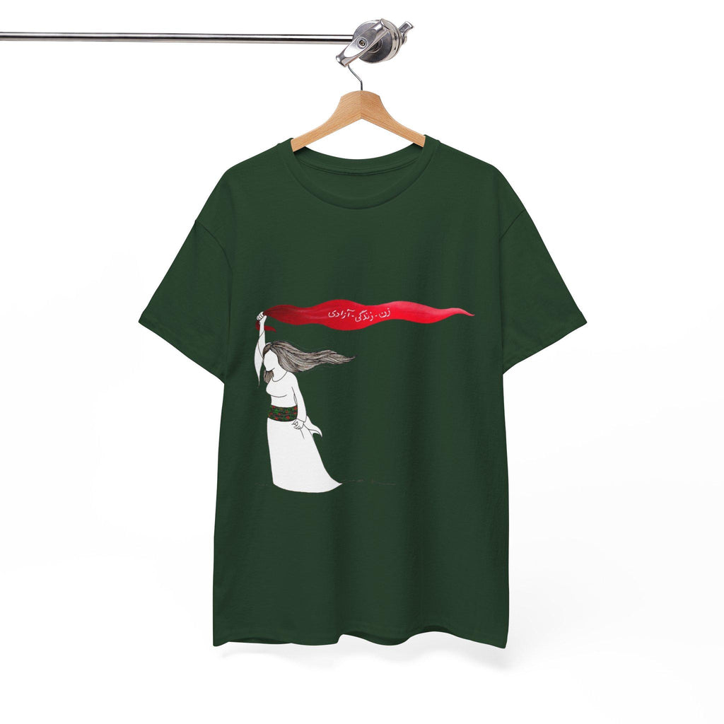 Woman Red Scarf Art T-Shirt | Windswept Figure, Flowing Ribbon Graphic Tee