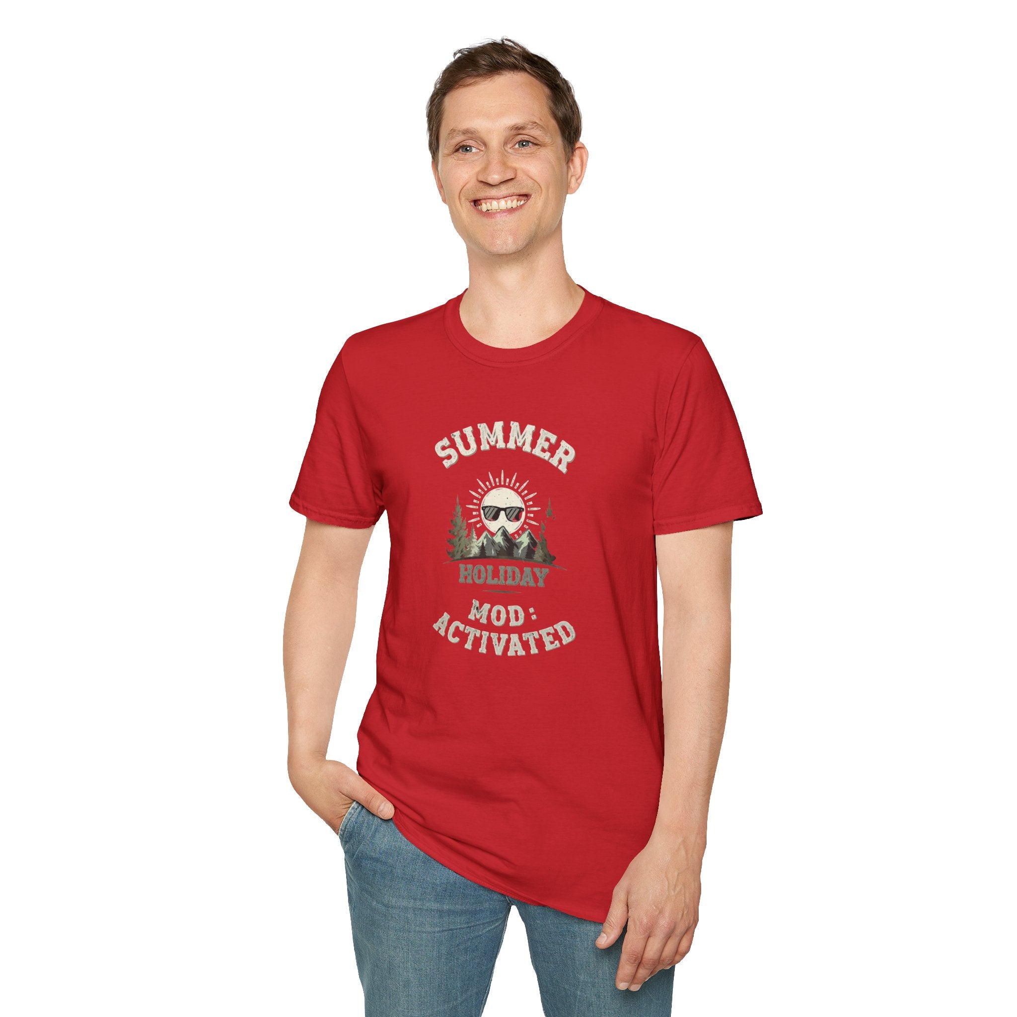 Summer Holiday Mode Activated T-Shirt | Retro Mountain Sun Graphic Tee | Camping Hiking Vacation Shirt for Men Women | Outdoor Adventure Top