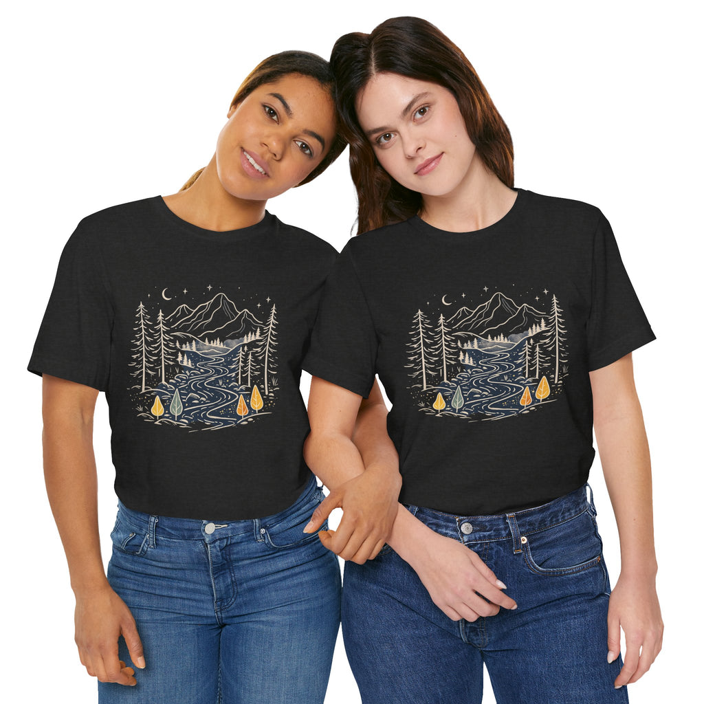 Mountain River Forest Graphic Tee, Nature Landscape Shirt, Boho Outdoor T-Shirt, Camping Hiking Gift, Unisex Black Tee, Wilderness Adventure Top