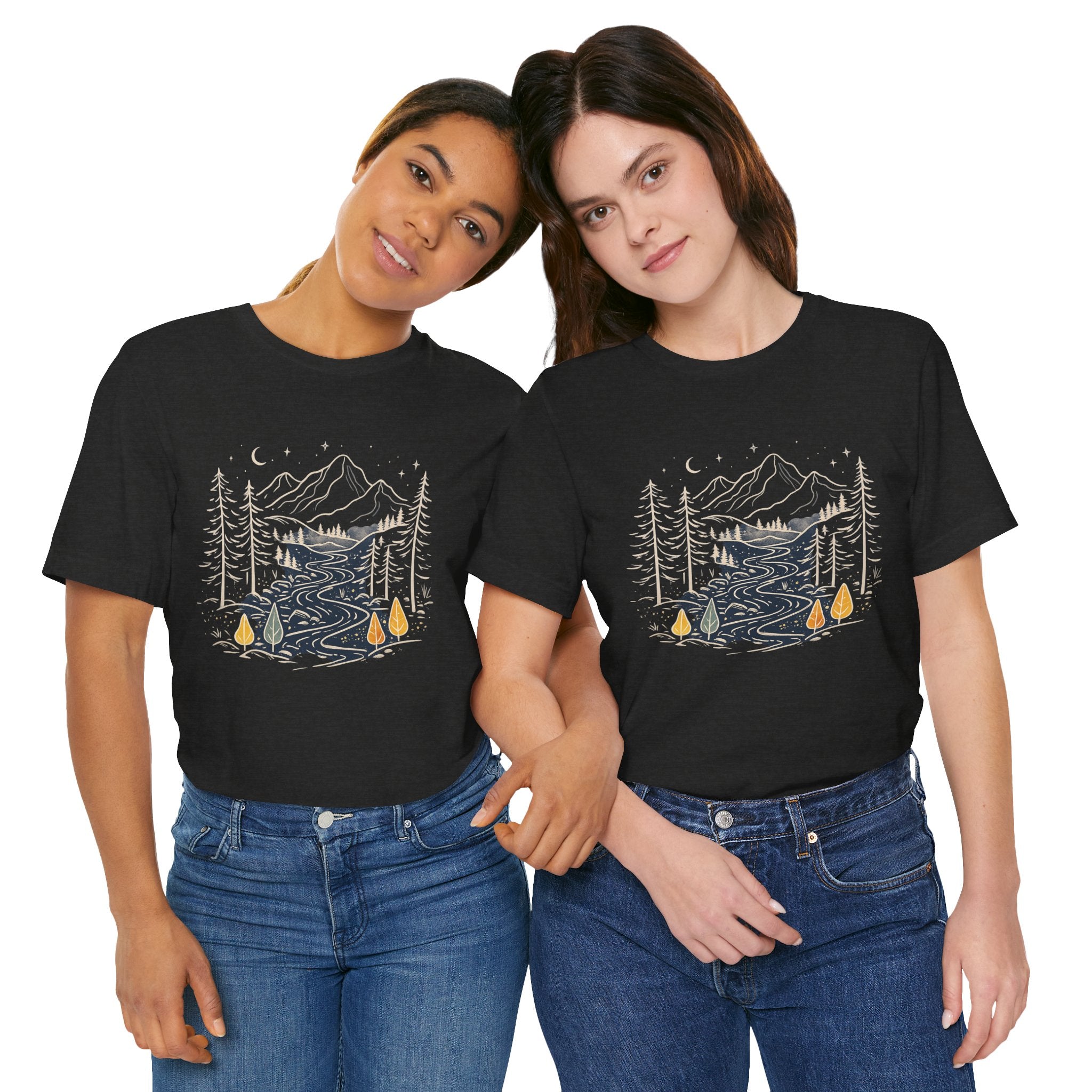 Mountain River Forest Graphic Tee, Nature Landscape Shirt, Boho Outdoor T-Shirt, Camping Hiking Gift, Unisex Black Tee, Wilderness Adventure Top