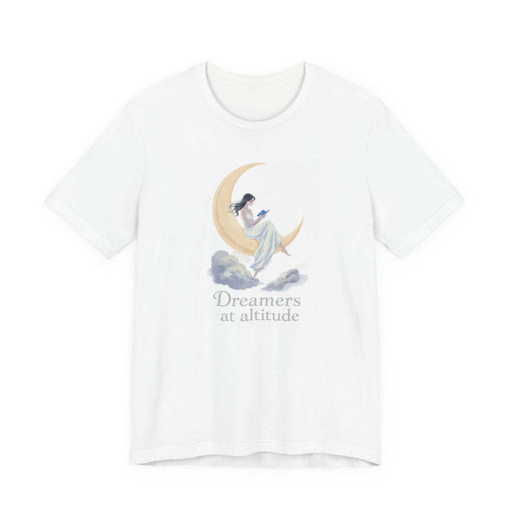 Copy of Dreamers at Altitude Celestial Moon Reading T-Shirt | Mystical Bookish Tee | Gift for Readers | Unisex Jersey Short Sleeve