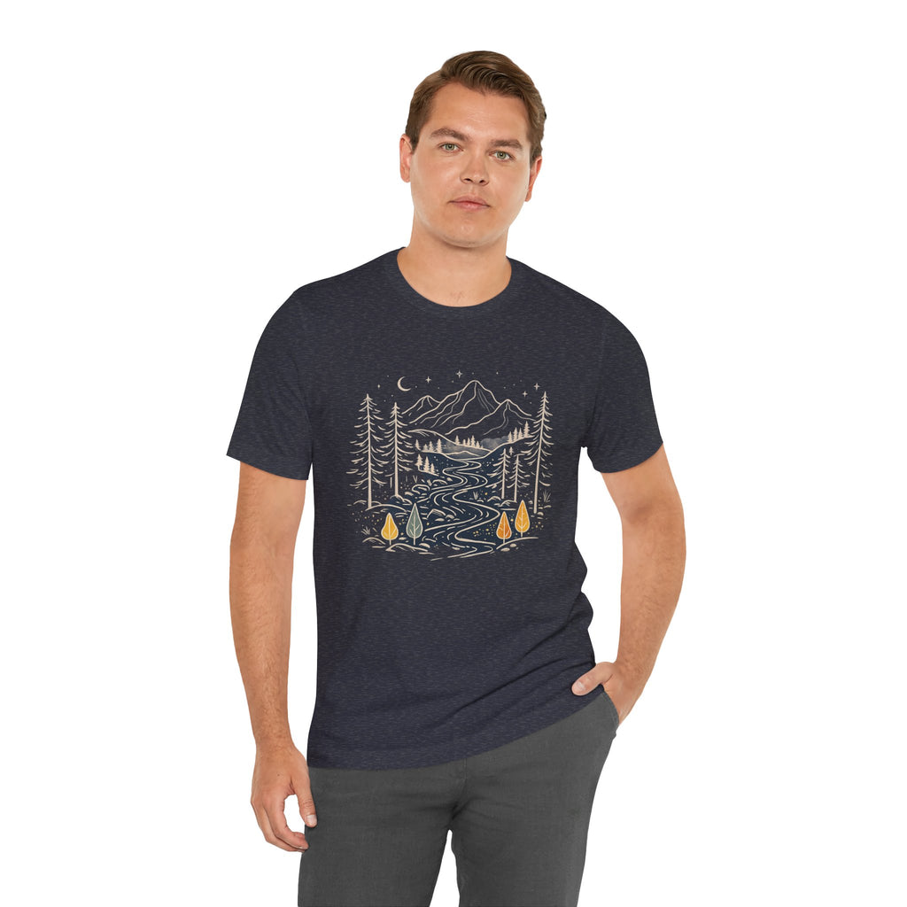 Mountain River Forest Graphic Tee, Nature Landscape Shirt, Boho Outdoor T-Shirt, Camping Hiking Gift, Unisex Black Tee, Wilderness Adventure Top