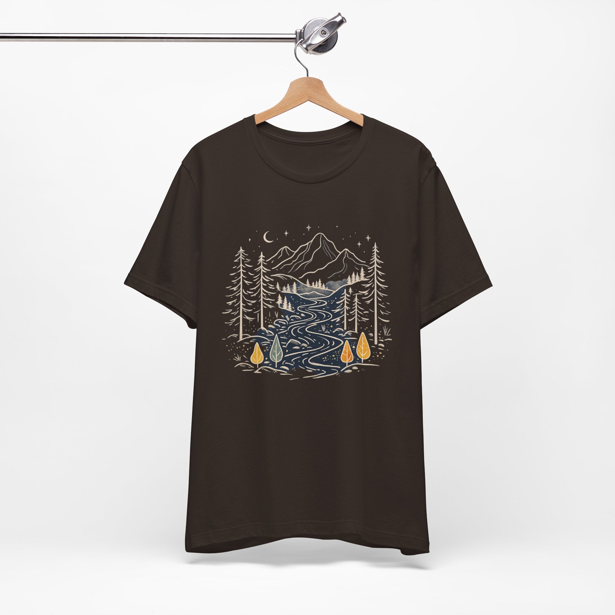 Mountain River Forest Graphic Tee, Nature Landscape Shirt, Boho Outdoor T-Shirt, Camping Hiking Gift, Unisex Black Tee, Wilderness Adventure Top