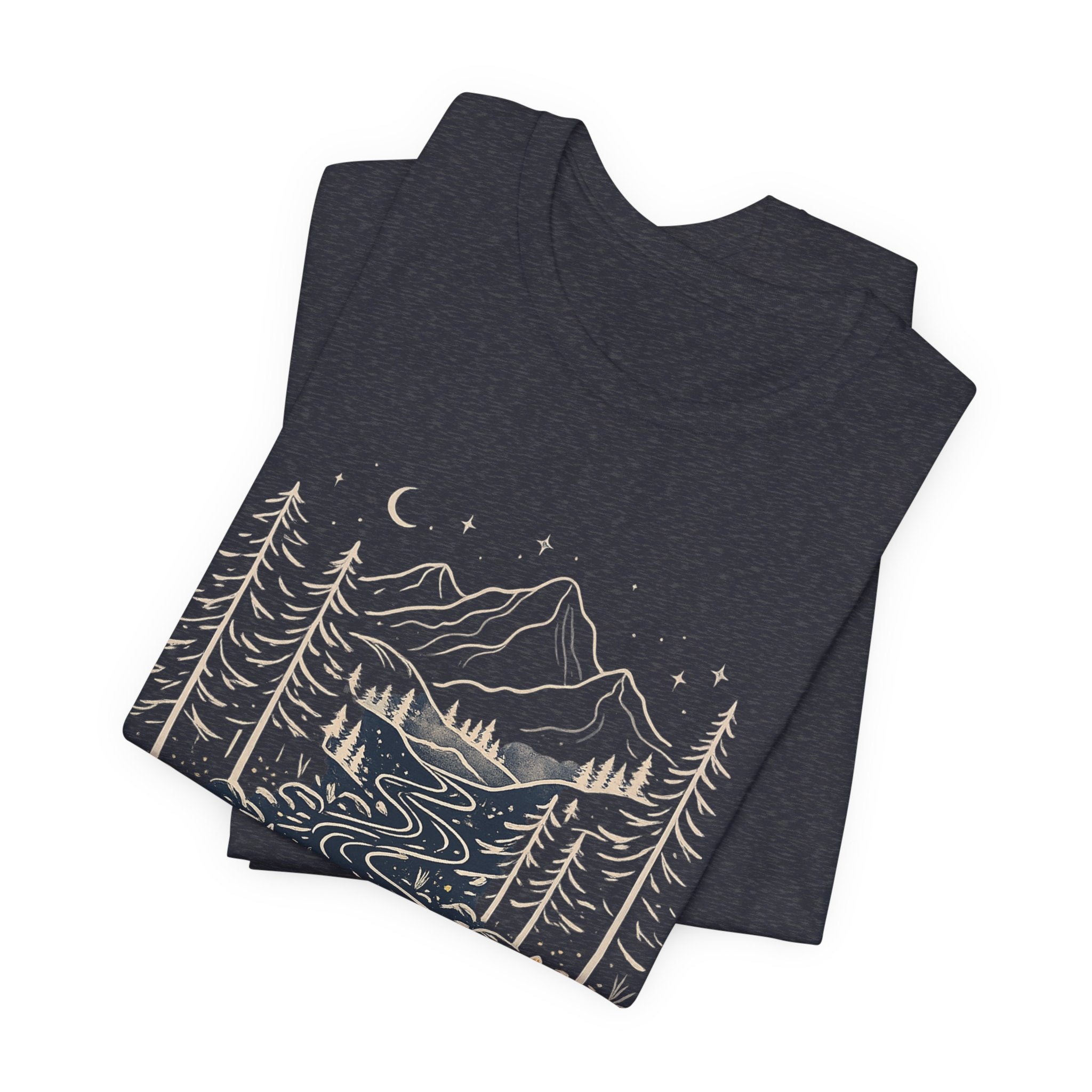 Mountain River Forest Graphic Tee, Nature Landscape Shirt, Boho Outdoor T-Shirt, Camping Hiking Gift, Unisex Black Tee, Wilderness Adventure Top