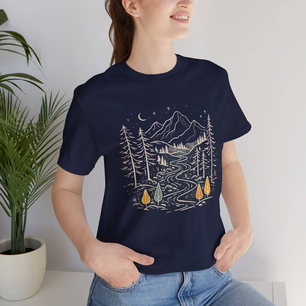 Mountain River Forest Graphic Tee, Nature Landscape Shirt, Boho Outdoor T-Shirt, Camping Hiking Gift, Unisex Black Tee, Wilderness Adventure Top